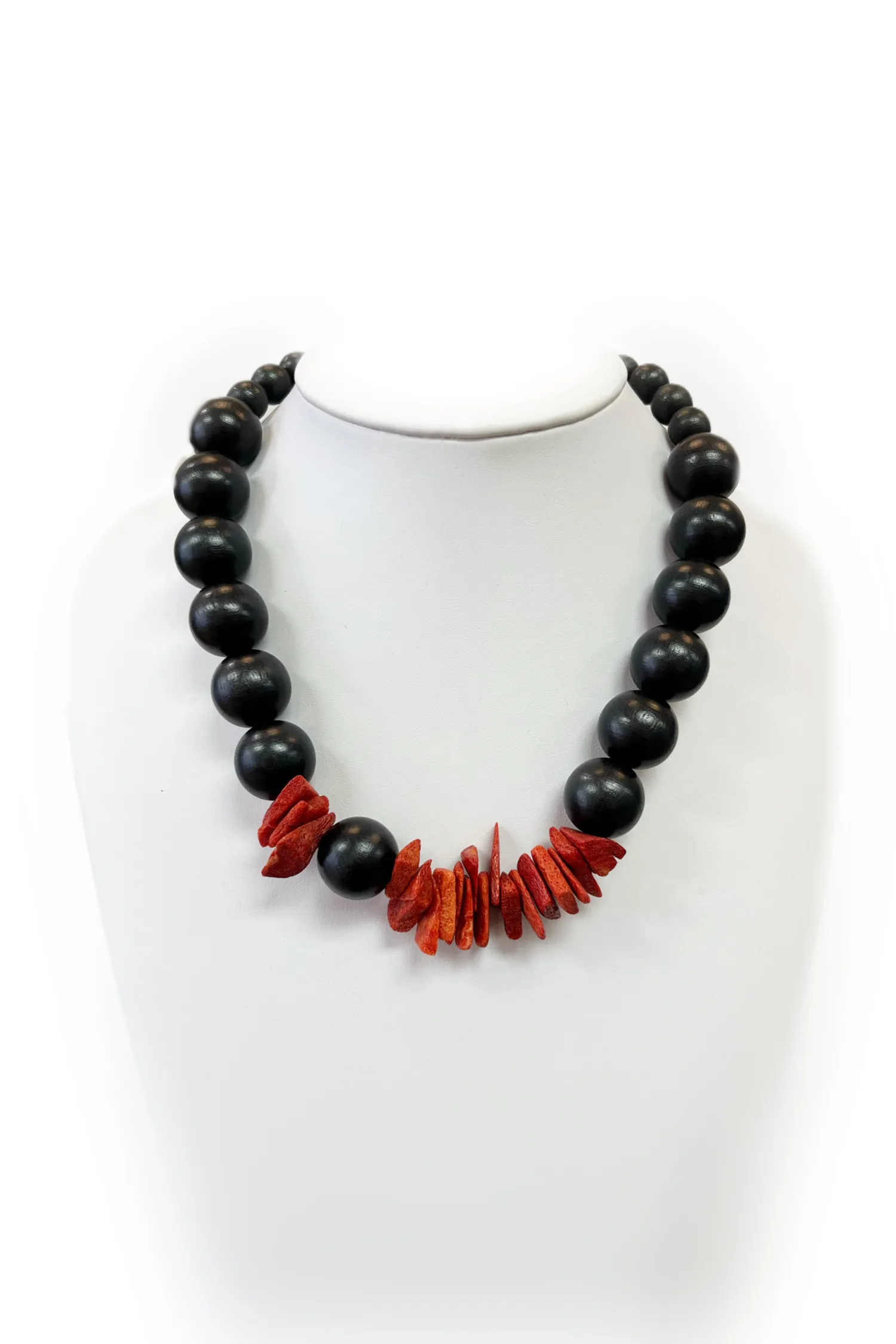 Optimized title: Elegant Coral and Ebonized Wood Beaded Necklace