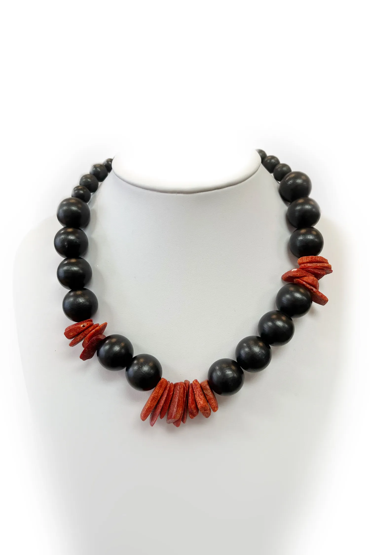 Optimized title: Elegant Coral and Ebonized Wood Beaded Necklace