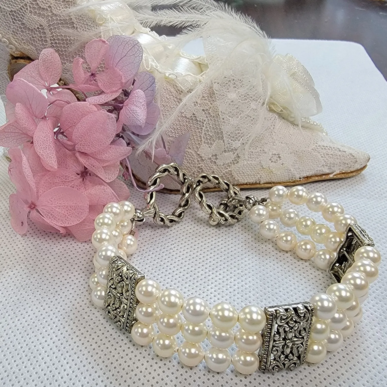 Cream Pearl Multi Strand Bridal Wedding Bracelet