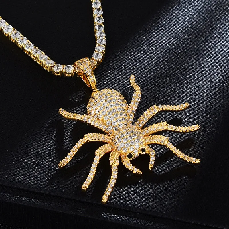 Cubic-Zirconia-Studded Spider Hip-hop Pendant Necklace