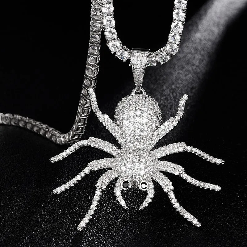 Cubic-Zirconia-Studded Spider Hip-hop Pendant Necklace