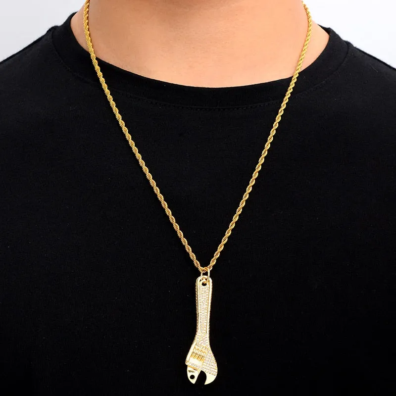 Cubic-Zirconia-Studded Wrench Bling Hip-hop Pendant Necklace