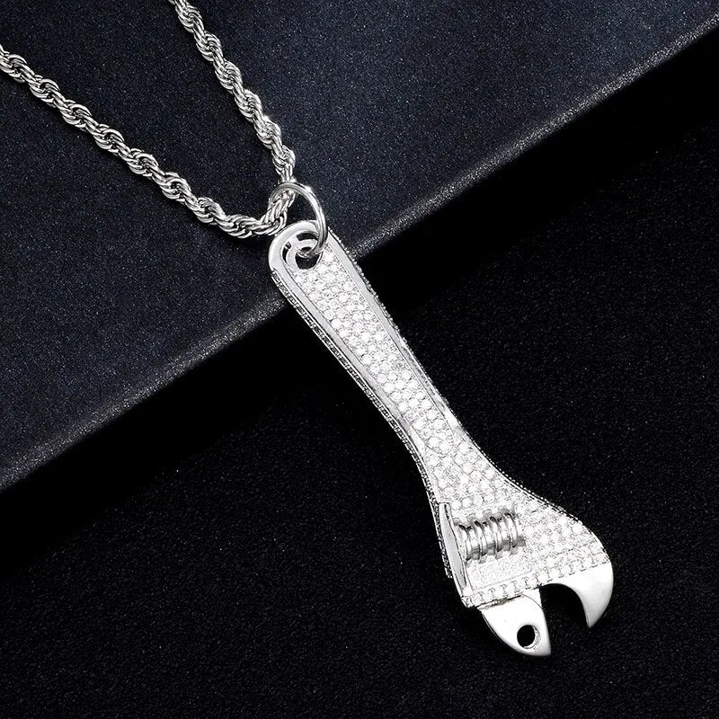 Cubic-Zirconia-Studded Wrench Bling Hip-hop Pendant Necklace