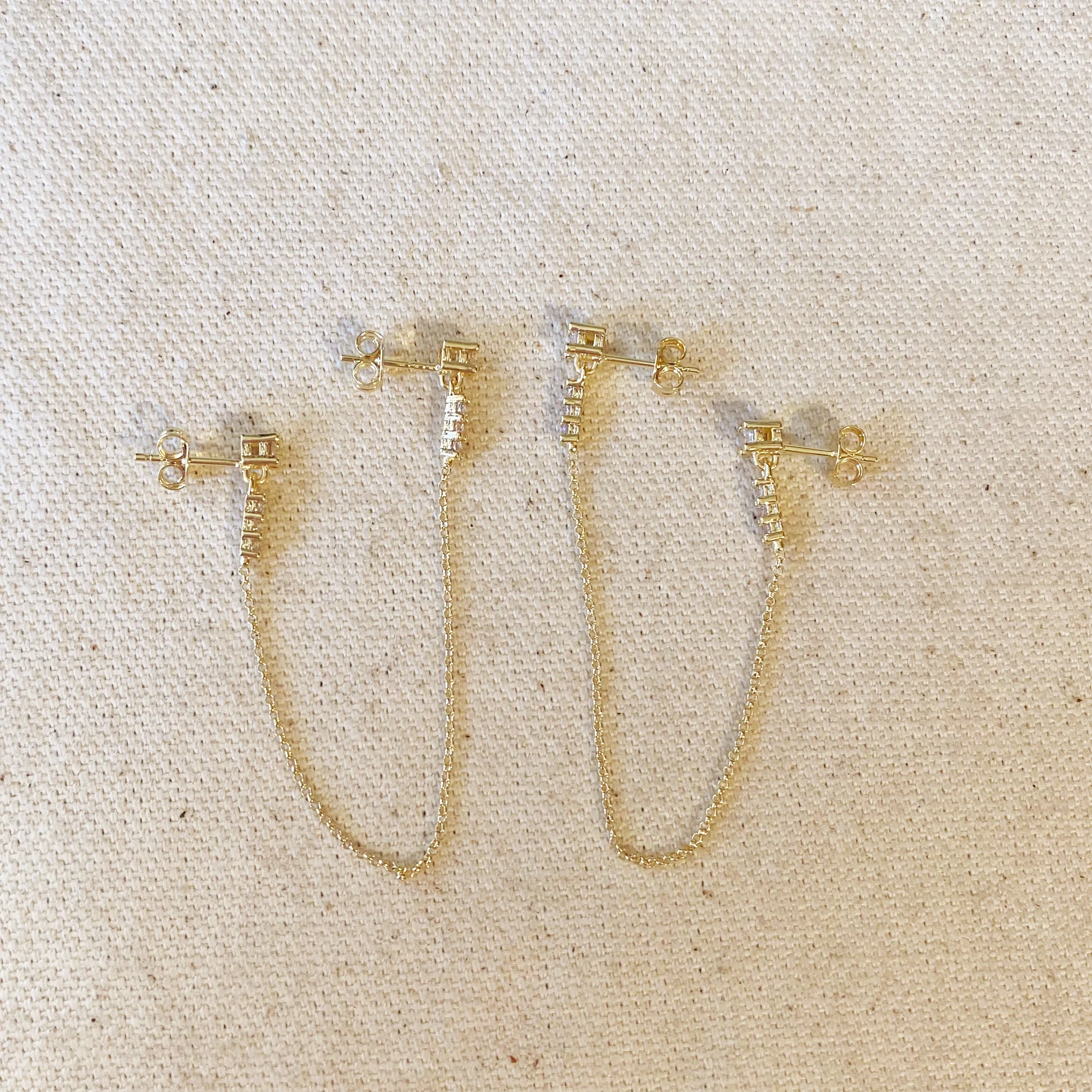 CZ Double Piercing Earrings Connected by Chain