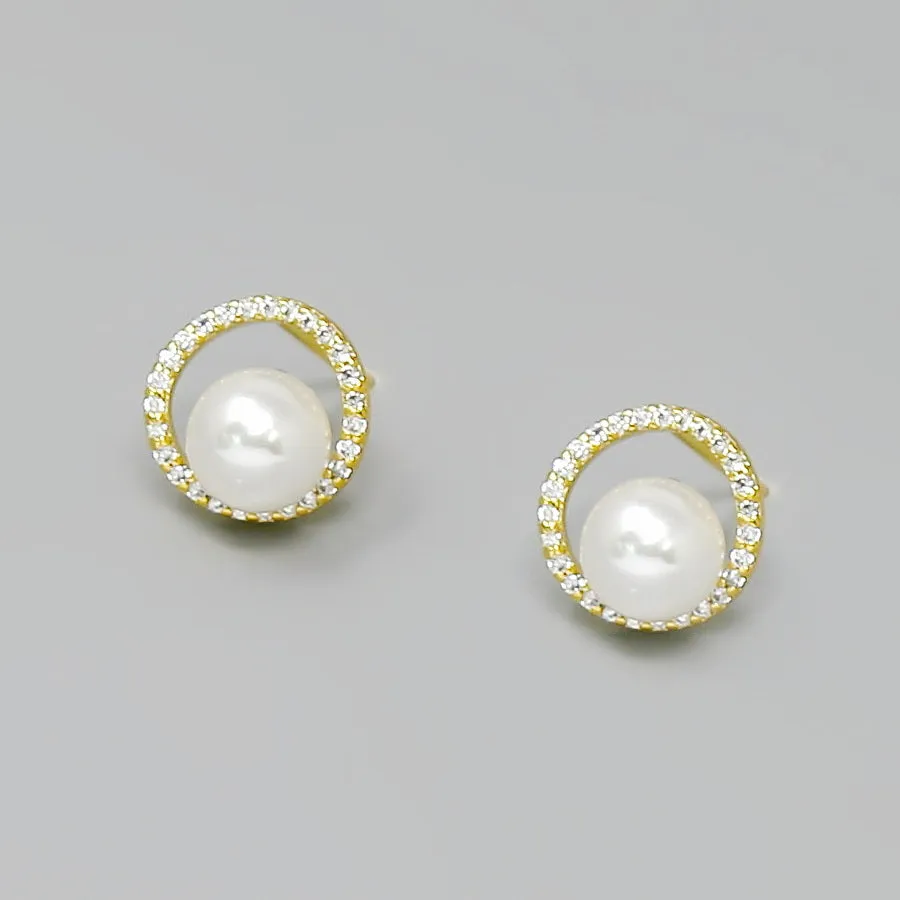 CZ Pave Circle With Pearl Stud Earrings