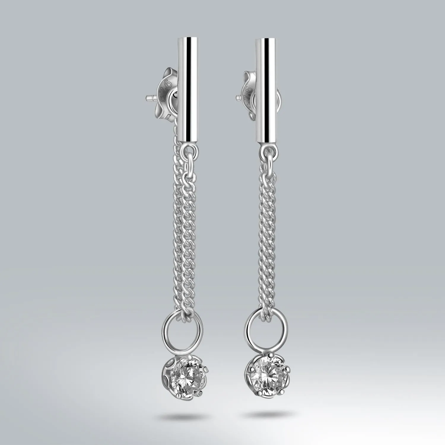 Dangle Bar Earrings Stud Silver with CZ Charm