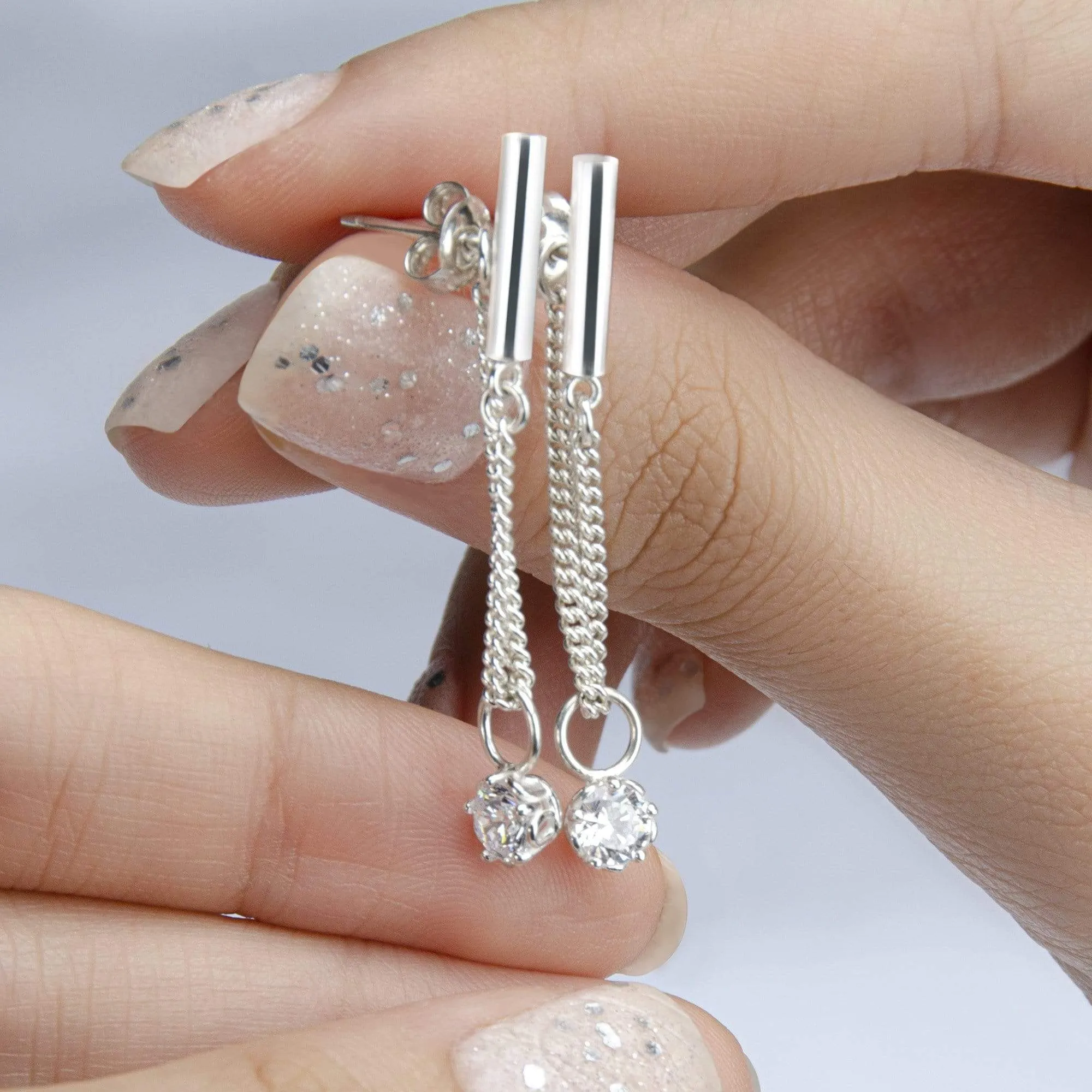 Dangle Bar Earrings Stud Silver with CZ Charm