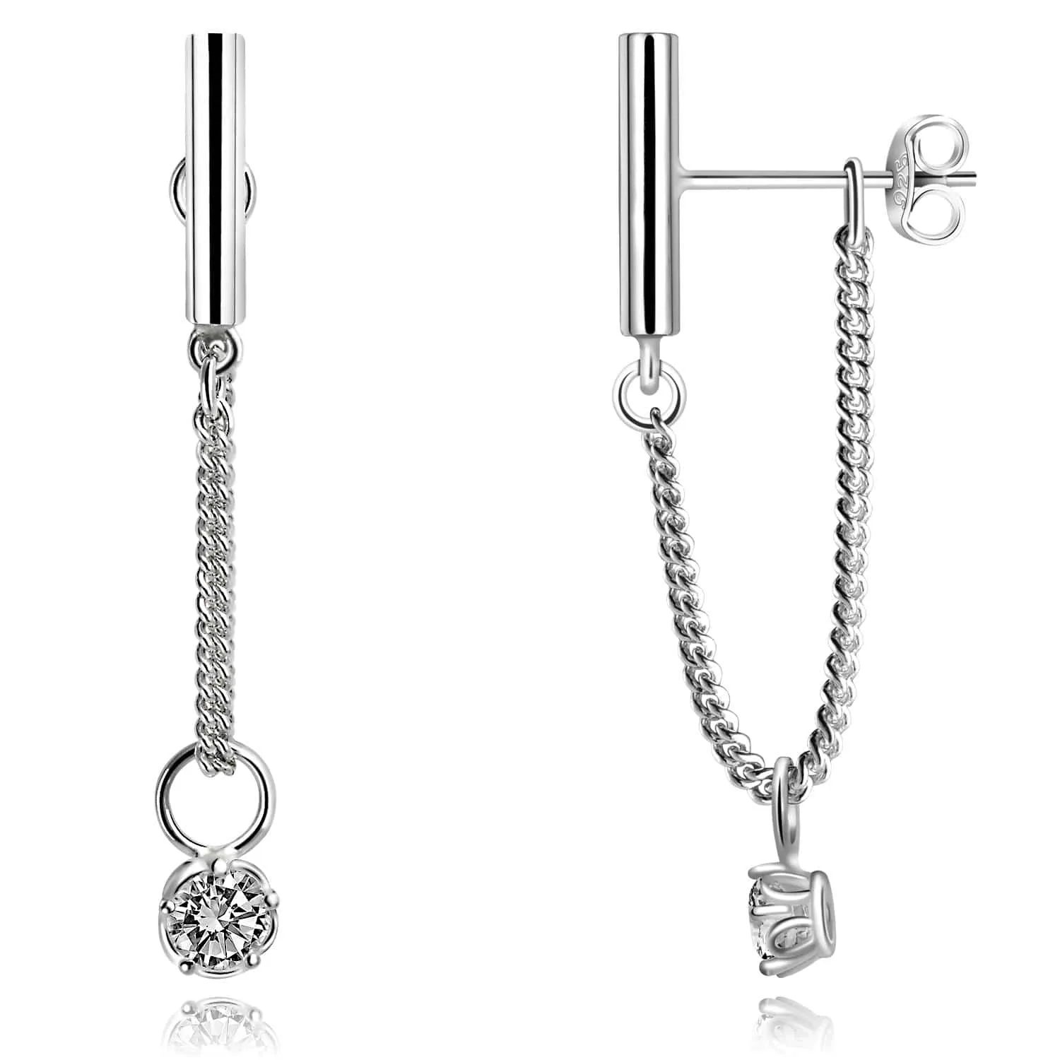 Dangle Bar Earrings Stud Silver with CZ Charm