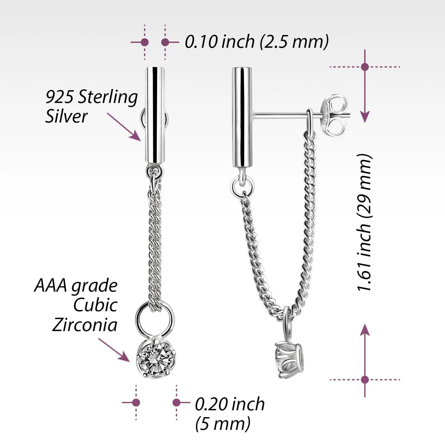 Dangle Bar Earrings Stud Silver with CZ Charm