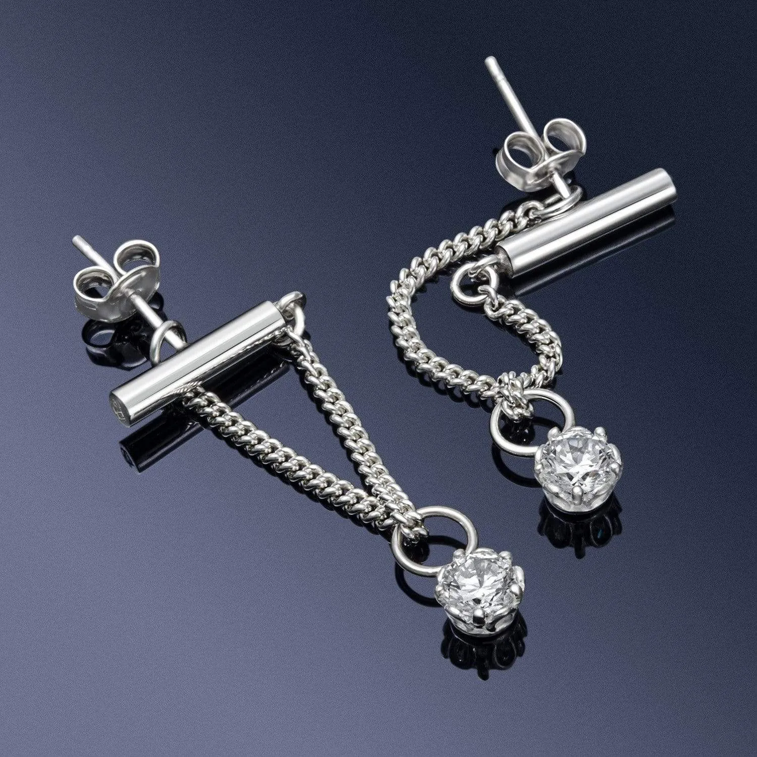 Dangle Bar Earrings Stud Silver with CZ Charm