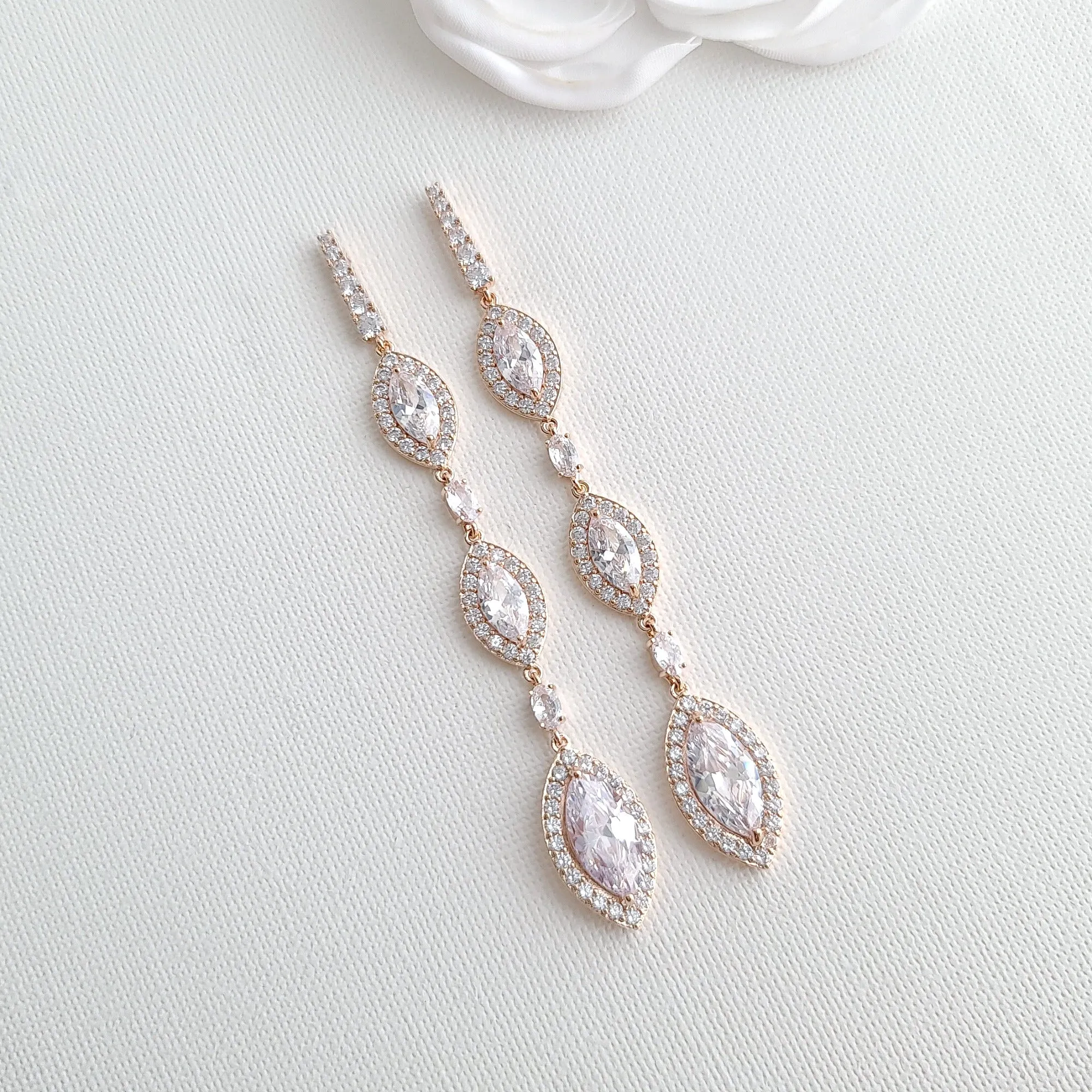 Extra Long Marquise CZ Earrings in Yellow Gold- Harriet