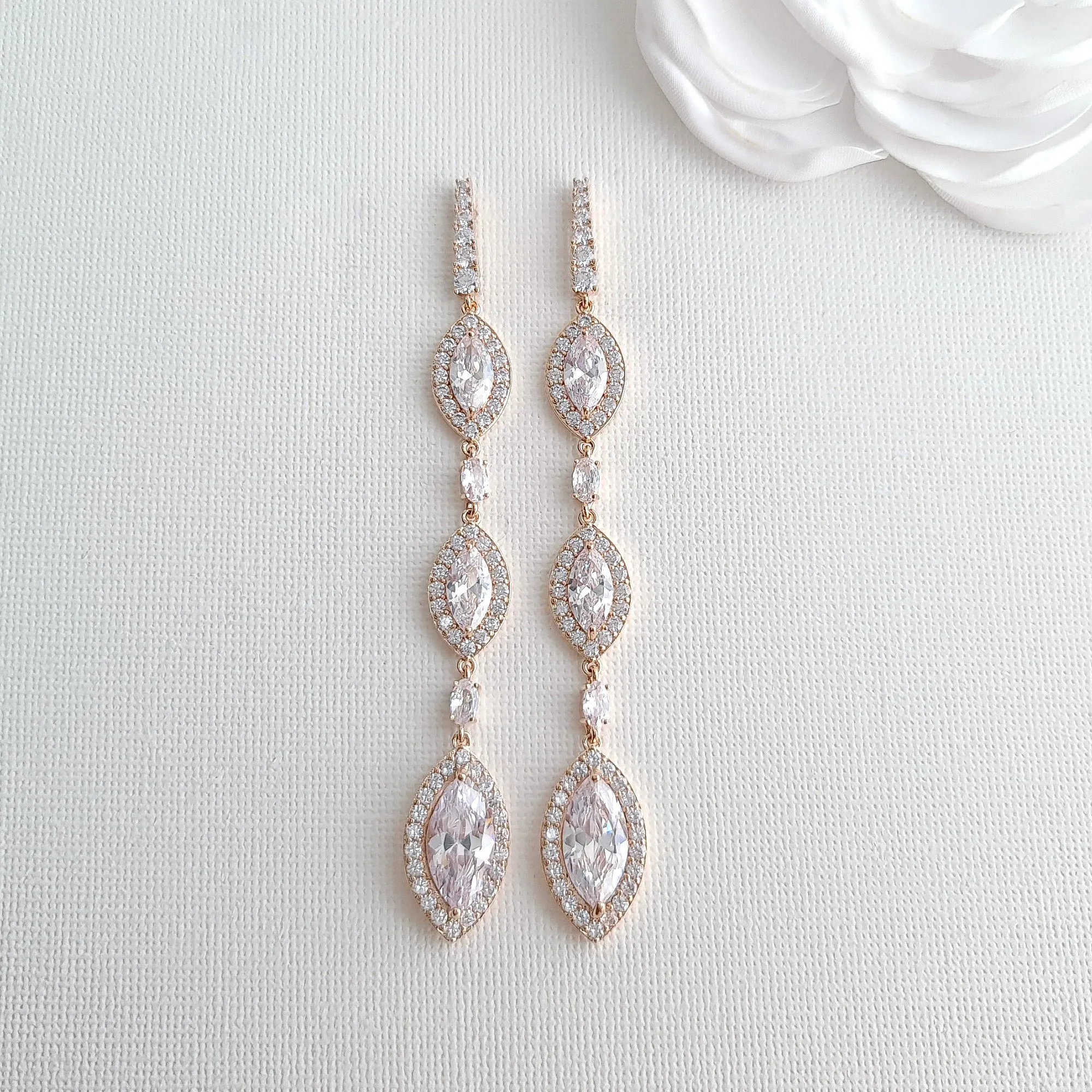 Extra Long Marquise CZ Earrings in Yellow Gold- Harriet