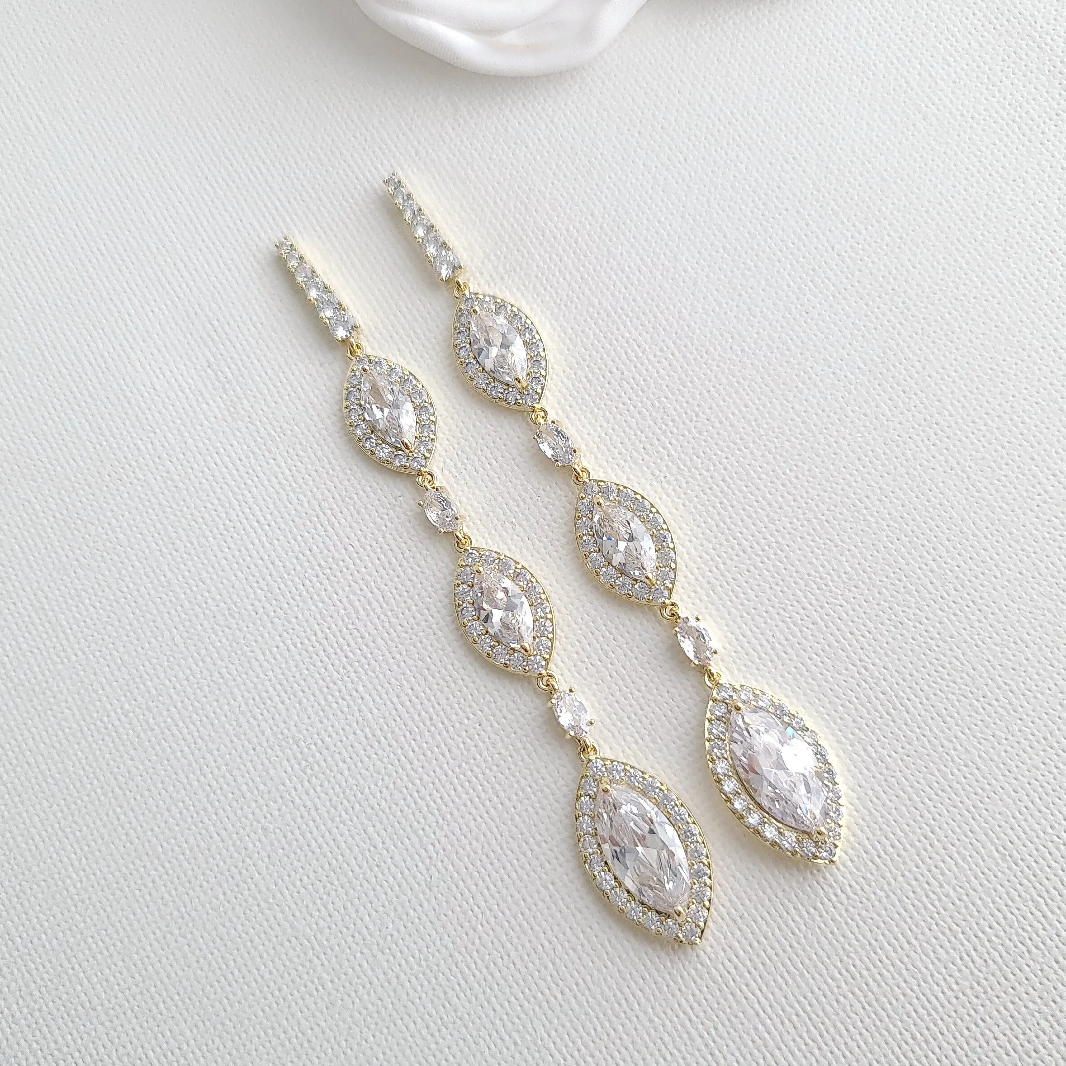 Extra Long Marquise CZ Earrings in Yellow Gold- Harriet