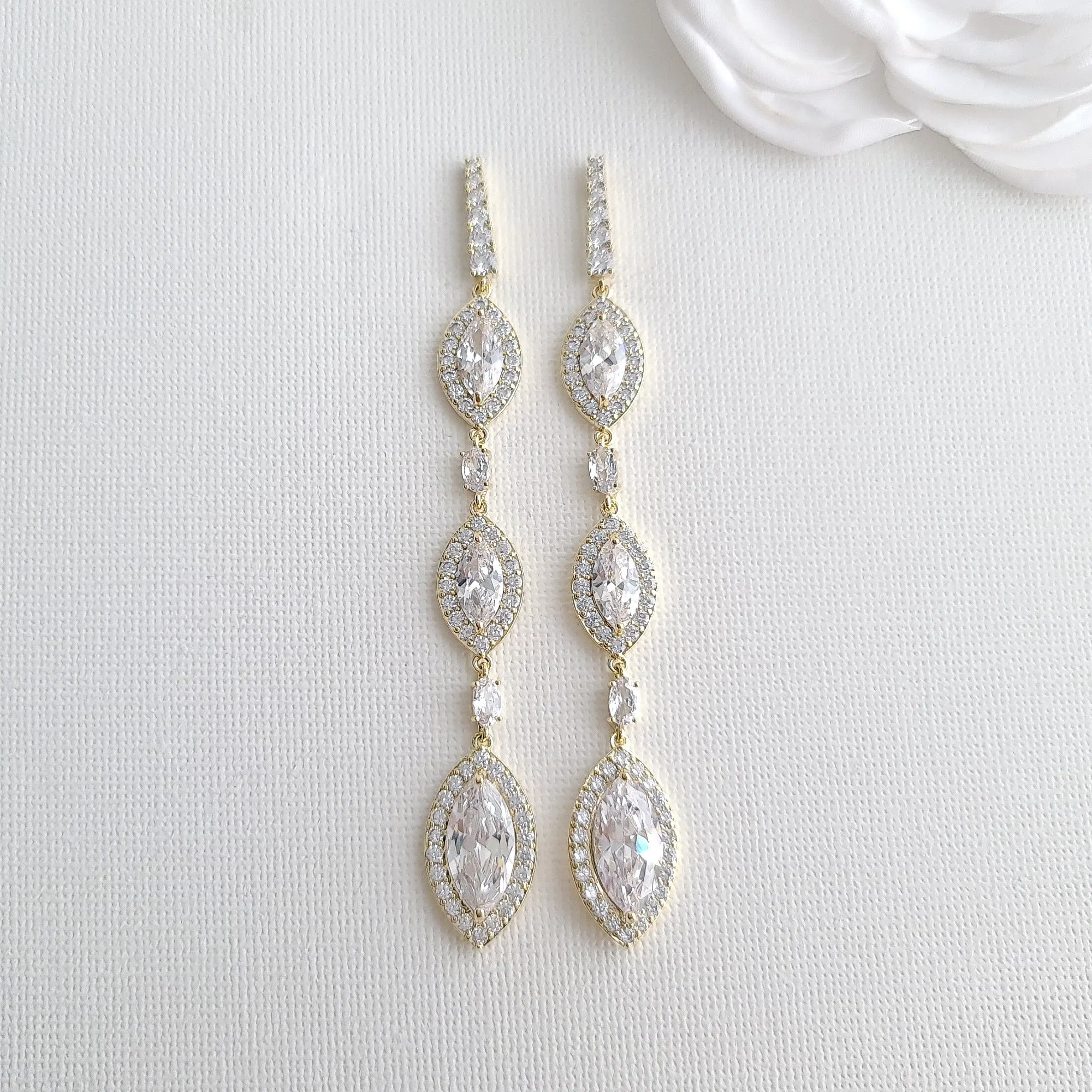 Extra Long Marquise CZ Earrings in Yellow Gold- Harriet