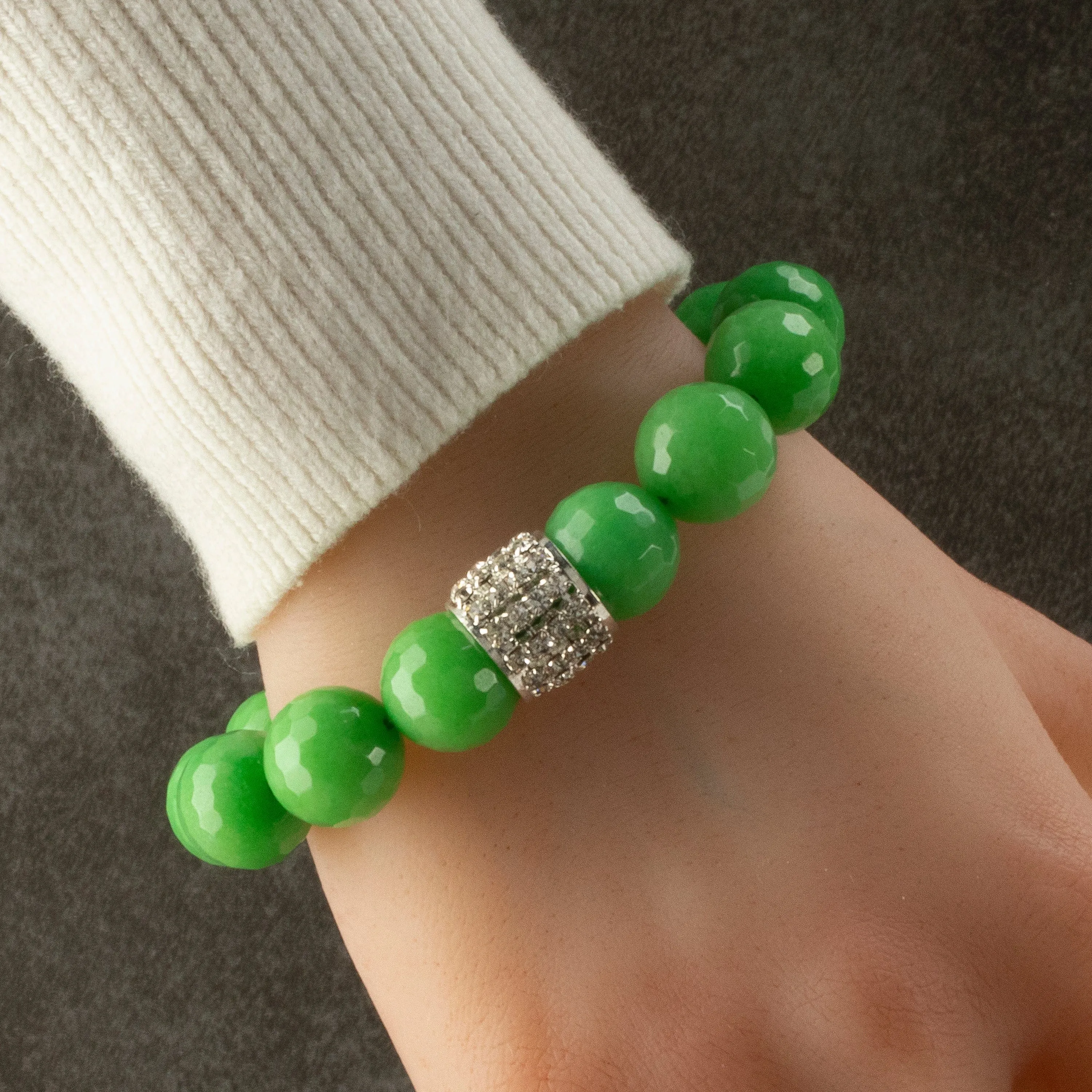 Faceted 14mm Green Color Enhanced Jade with Sparkly Silver Crystal Accent Bead Gemstone Elastic Bracelet