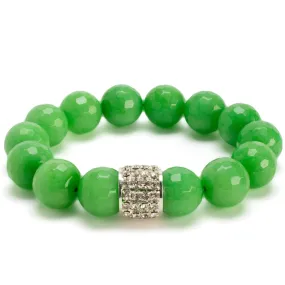 Faceted 14mm Green Color Enhanced Jade with Sparkly Silver Crystal Accent Bead Gemstone Elastic Bracelet