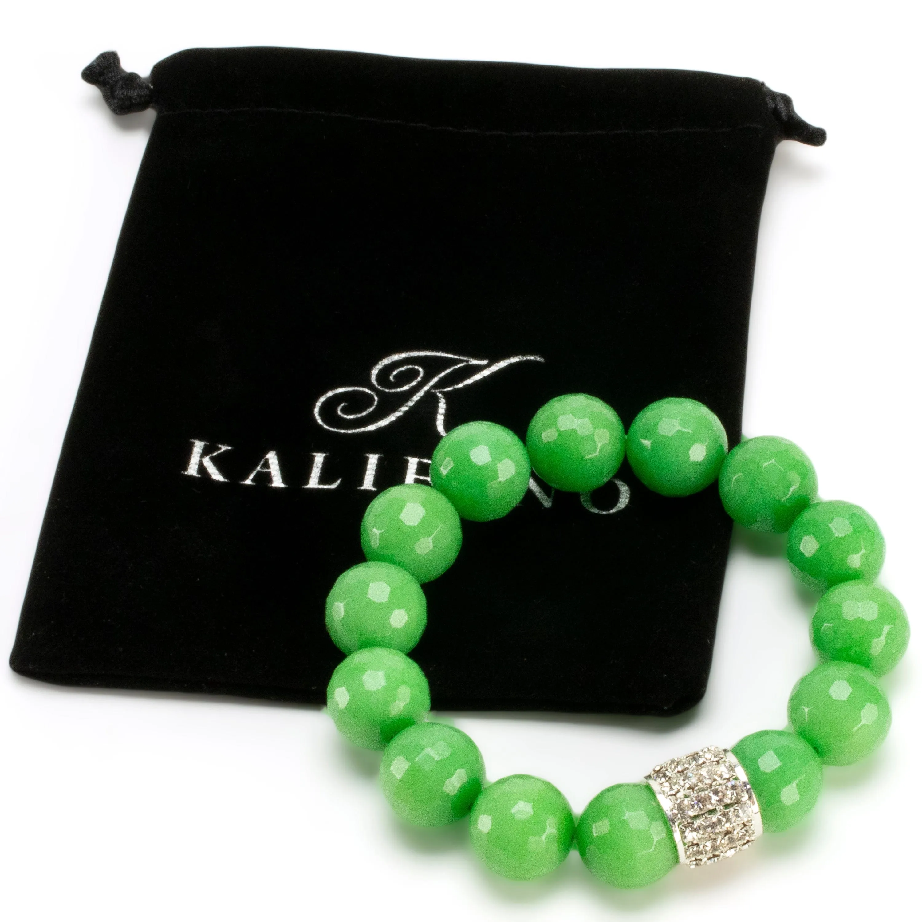 Faceted 14mm Green Color Enhanced Jade with Sparkly Silver Crystal Accent Bead Gemstone Elastic Bracelet