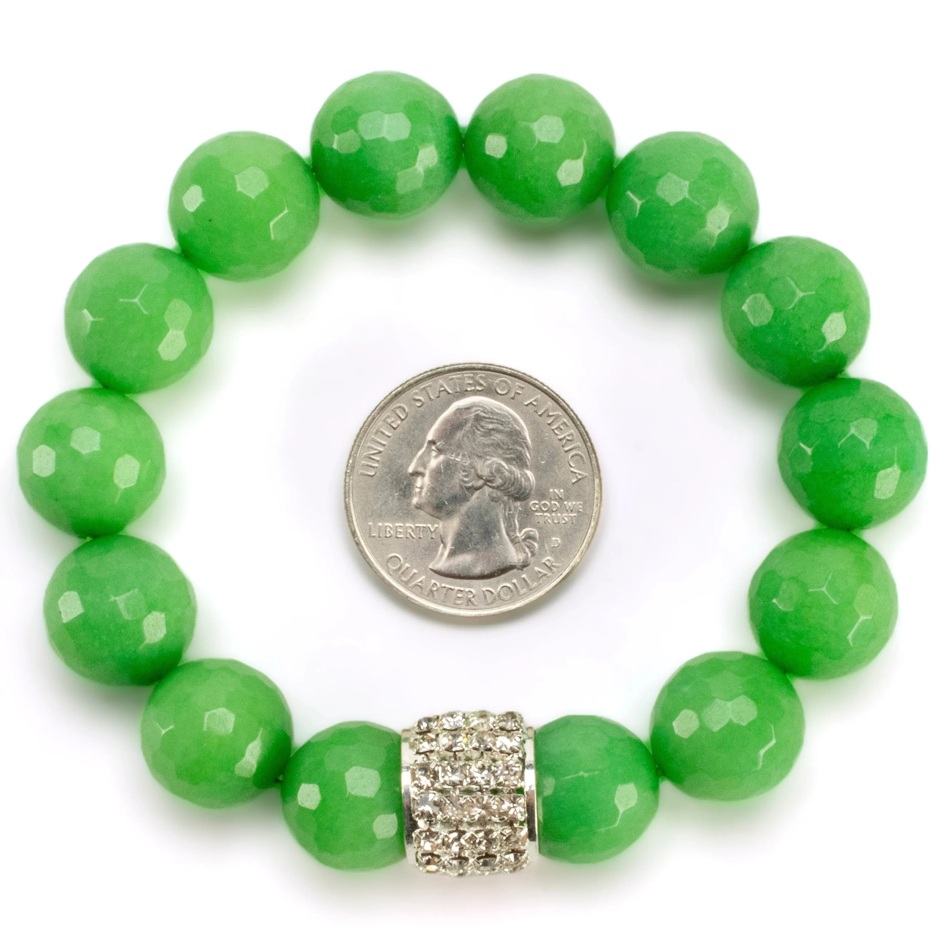 Faceted 14mm Green Color Enhanced Jade with Sparkly Silver Crystal Accent Bead Gemstone Elastic Bracelet