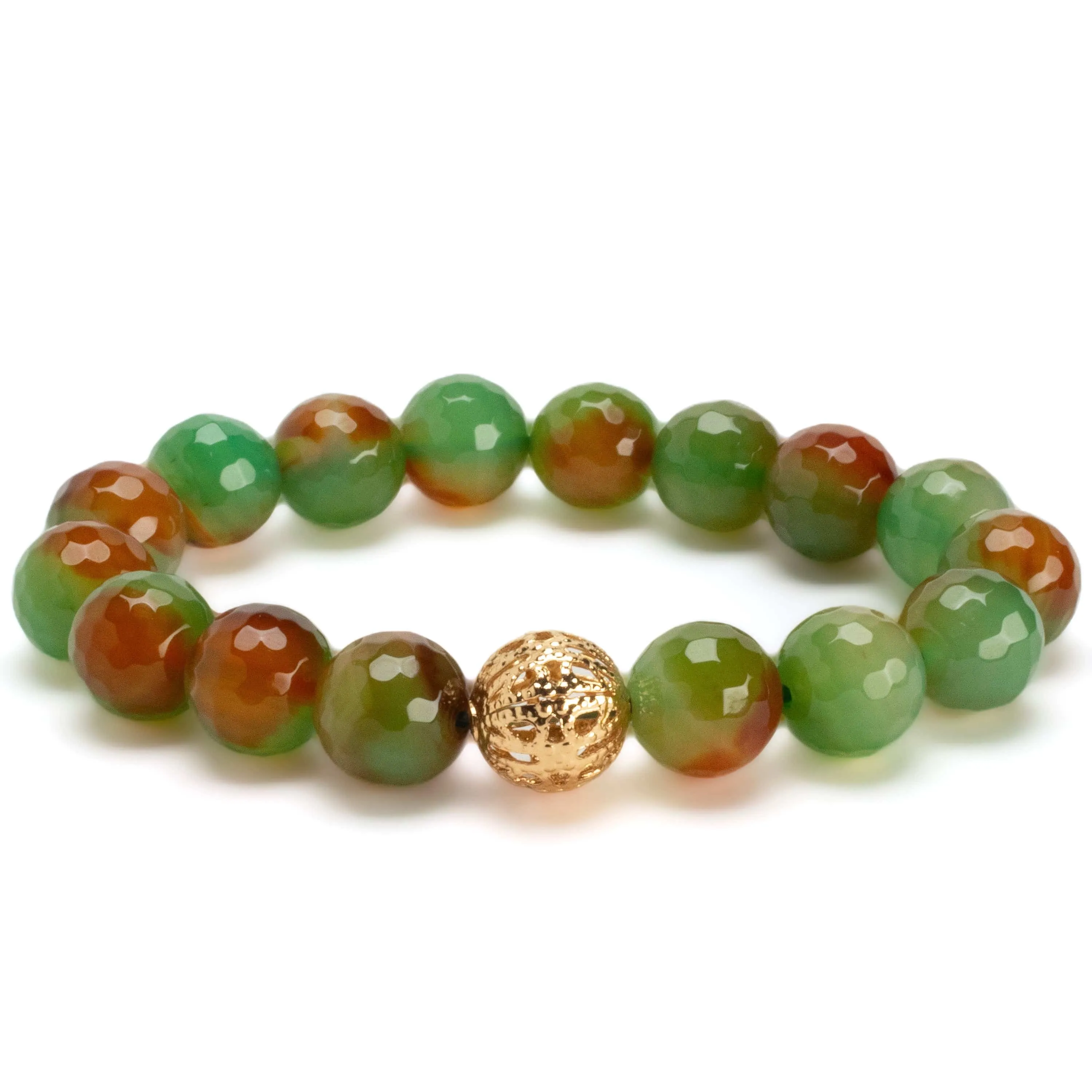 Faceted Agate 12mm Gemstone Bead Elastic Bracelet with Gold Accent Bead