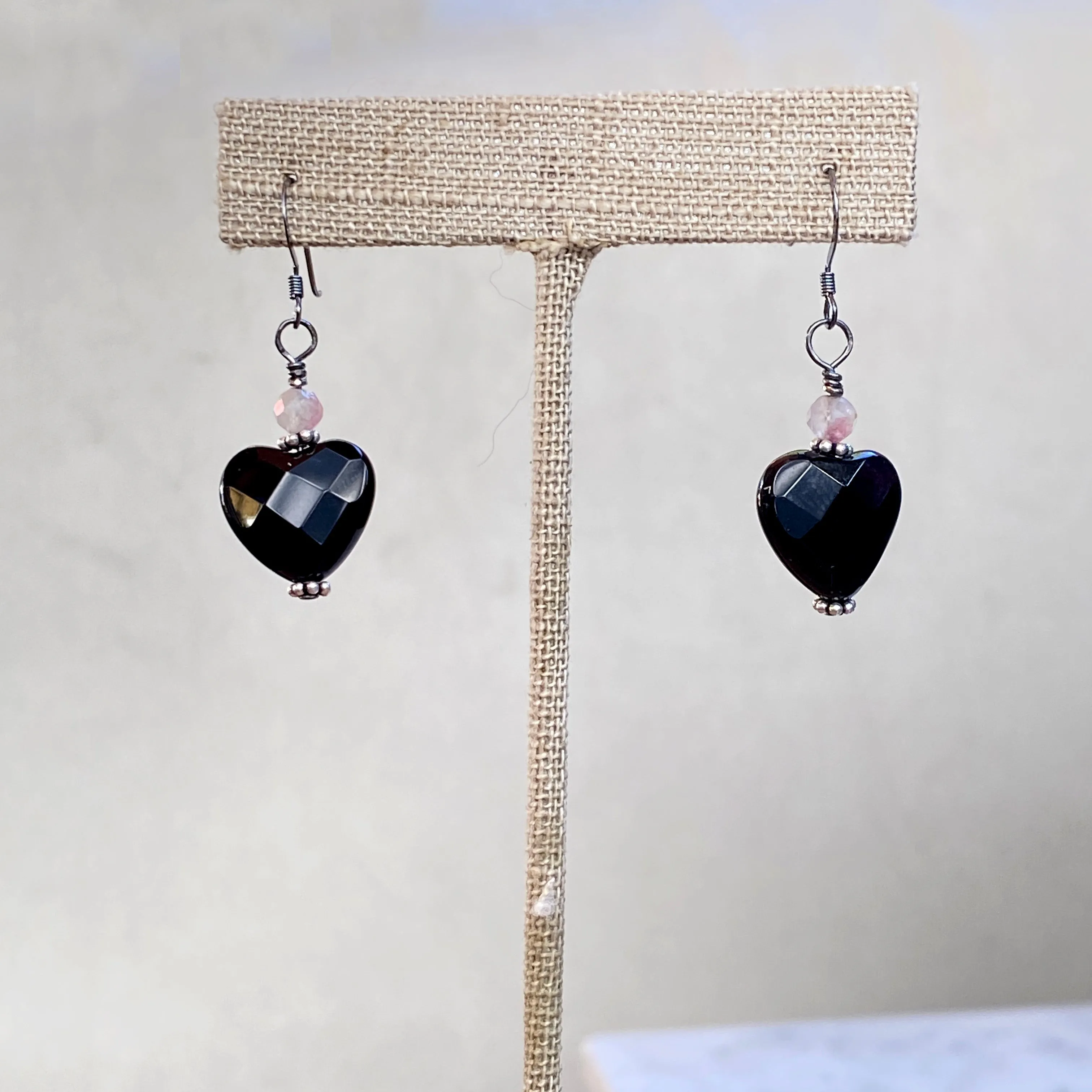 Faceted Onyx Hearts w/ Pink Tourmaline and Oxidized Sterling Silver Drop Earrings