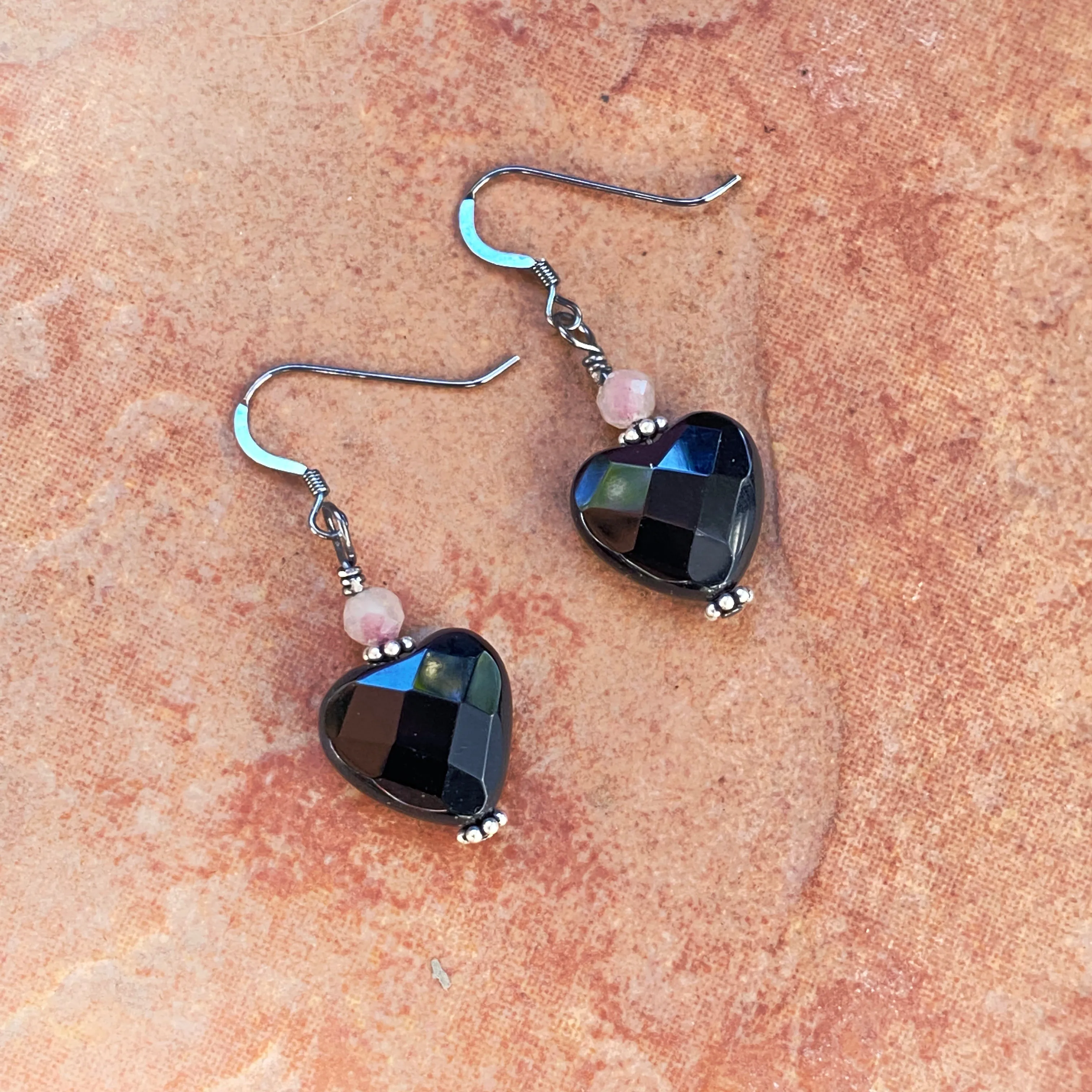 Faceted Onyx Hearts w/ Pink Tourmaline and Oxidized Sterling Silver Drop Earrings