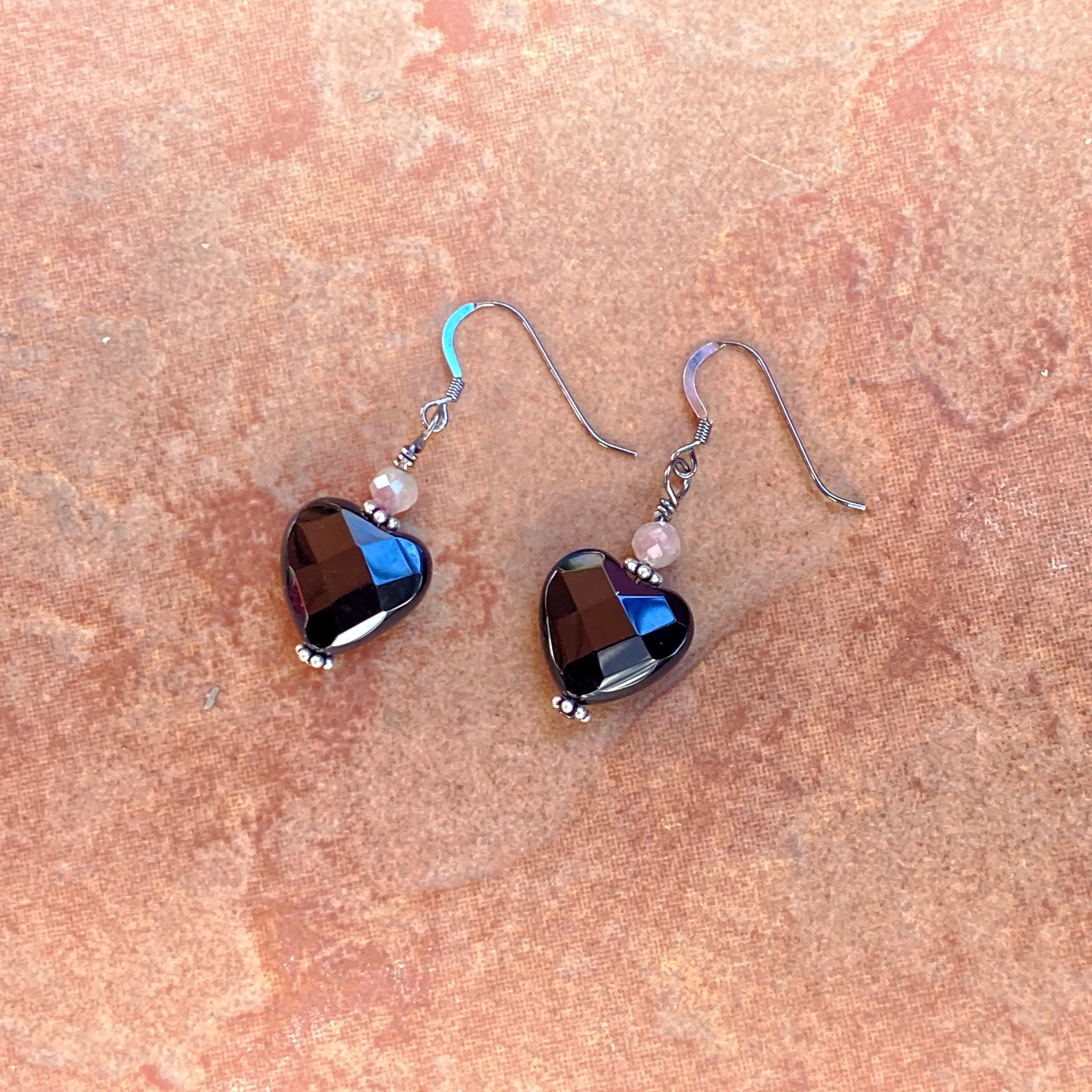 Faceted Onyx Hearts w/ Pink Tourmaline and Oxidized Sterling Silver Drop Earrings