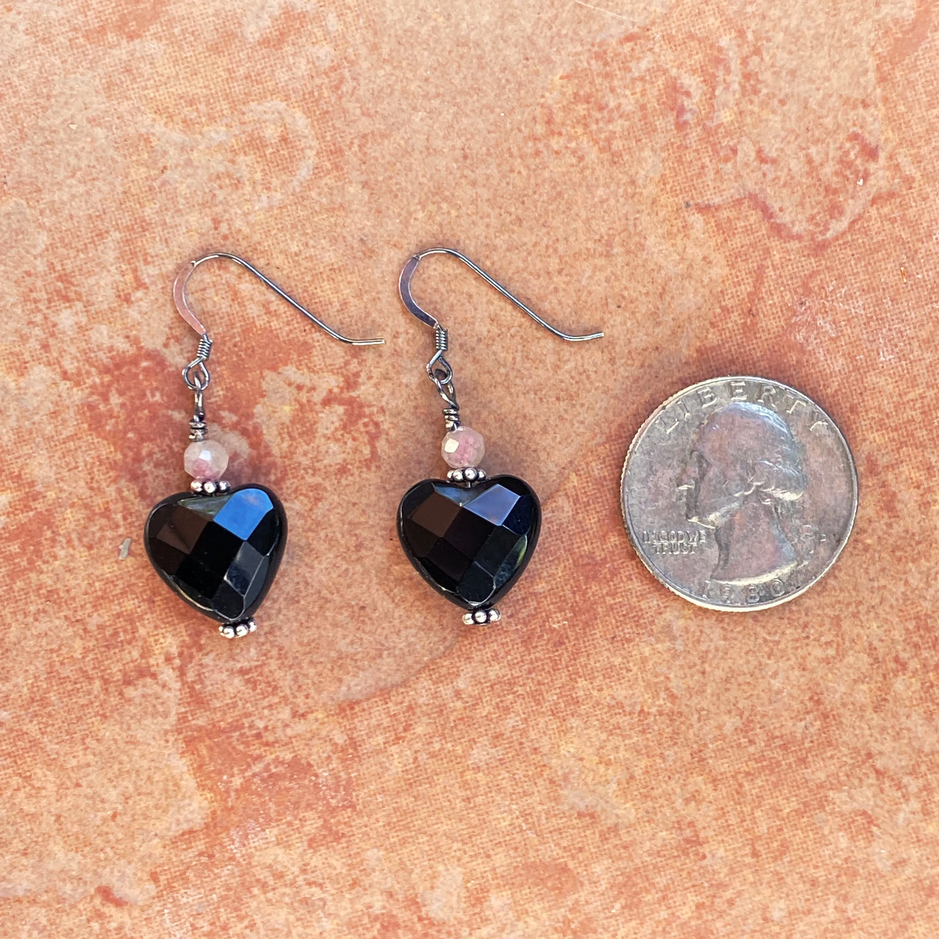 Faceted Onyx Hearts w/ Pink Tourmaline and Oxidized Sterling Silver Drop Earrings