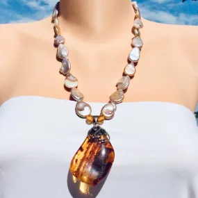 Flat Tear-Shaped Keshi Pearls & Amber Pendant Necklace