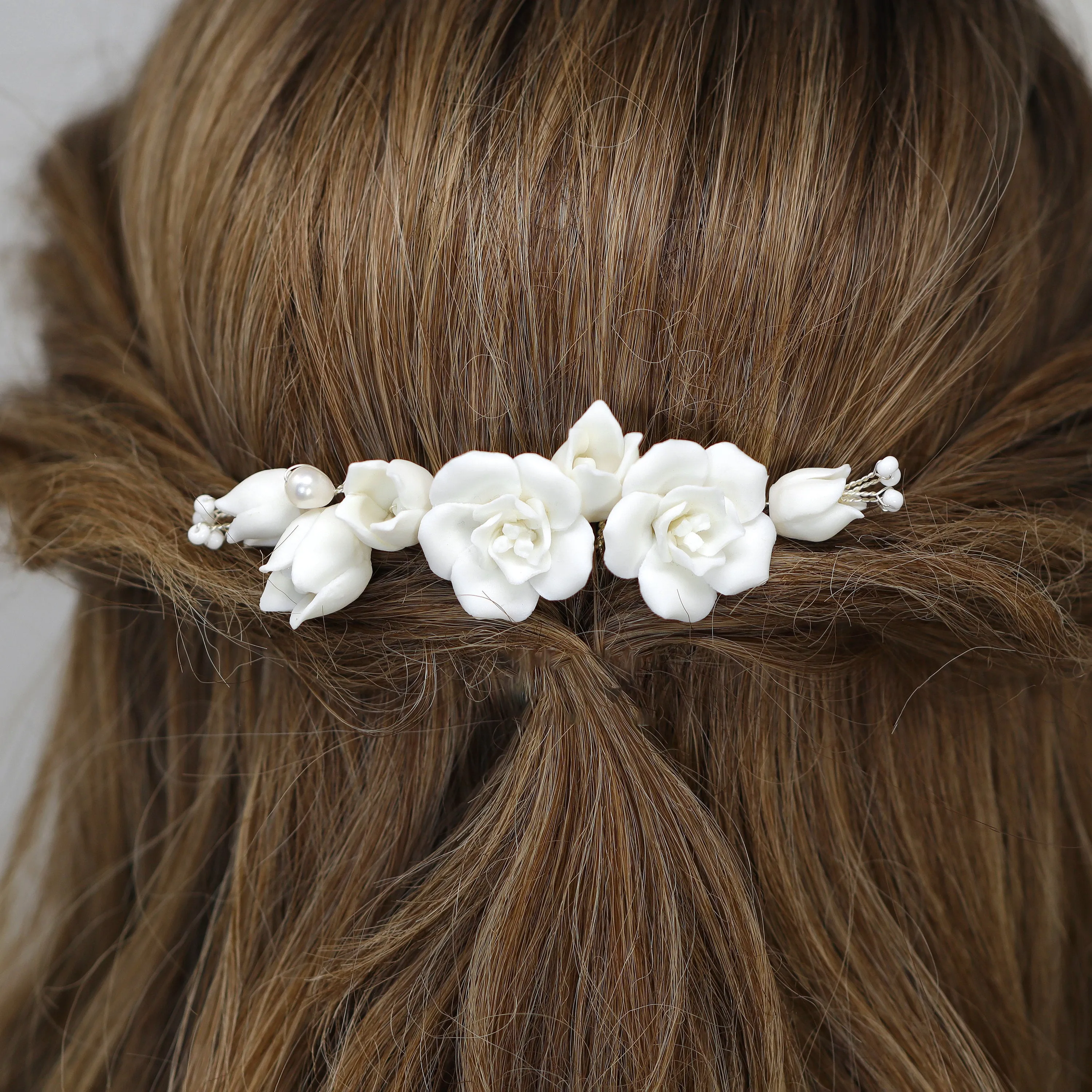 Freshwater Pearl Dusted White Rose And Lily Blossom Hair comb, Bridal Hair piece, Bridal Hair Accessories, Wedding Hair Accessory.