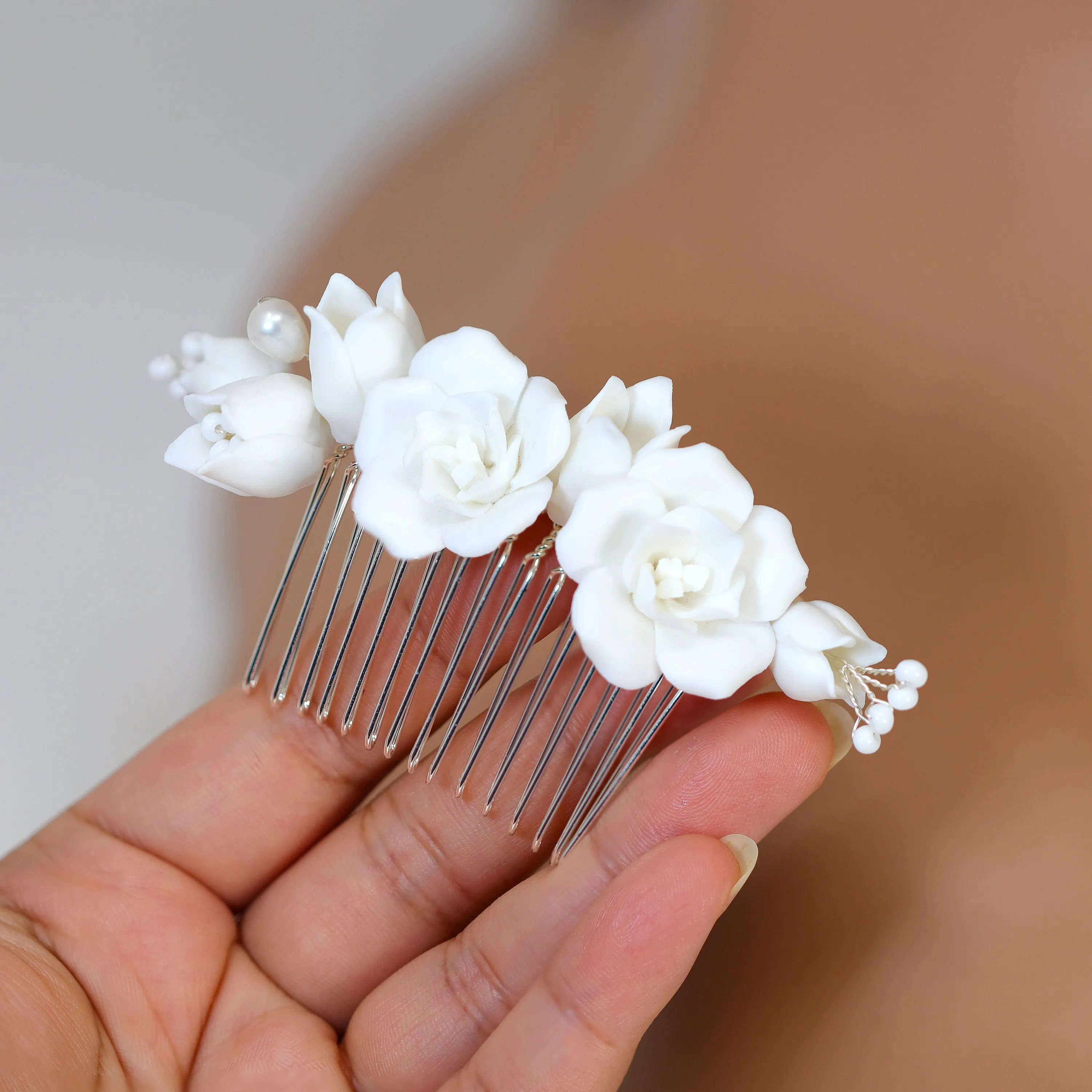 Freshwater Pearl Dusted White Rose And Lily Blossom Hair comb, Bridal Hair piece, Bridal Hair Accessories, Wedding Hair Accessory.