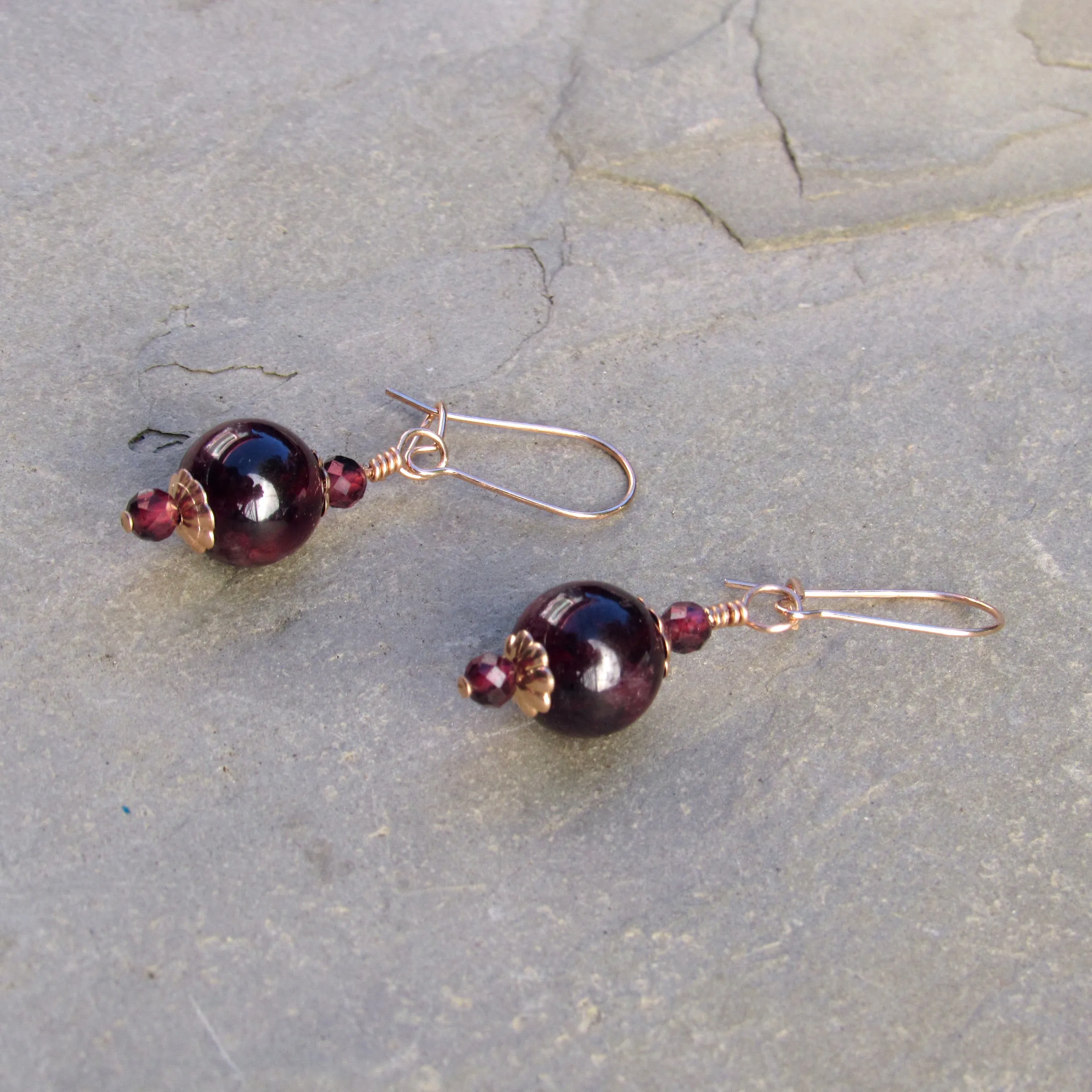 Garnet Gemstones and 14 kt Rose Gf Drop Earrings