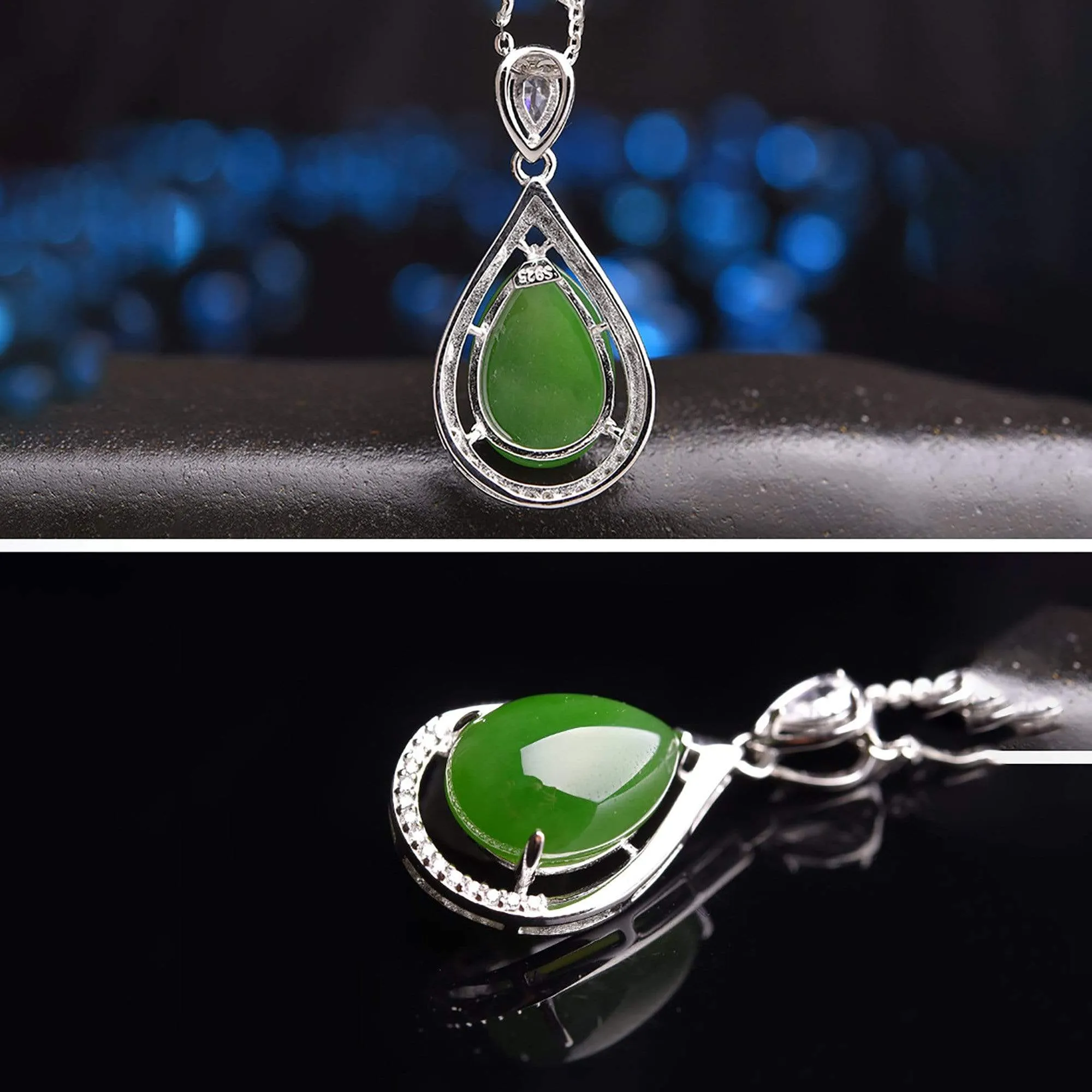 Genuine Green Nephrite Jade Tear Drop Pendant Necklace With CZ