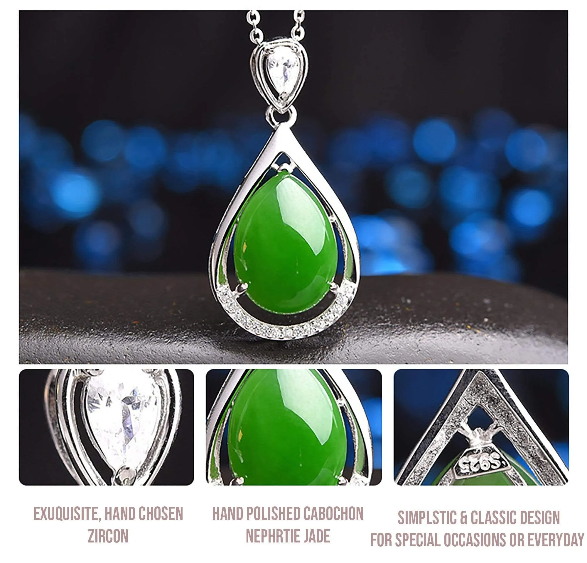 Genuine Green Nephrite Jade Tear Drop Pendant Necklace With CZ