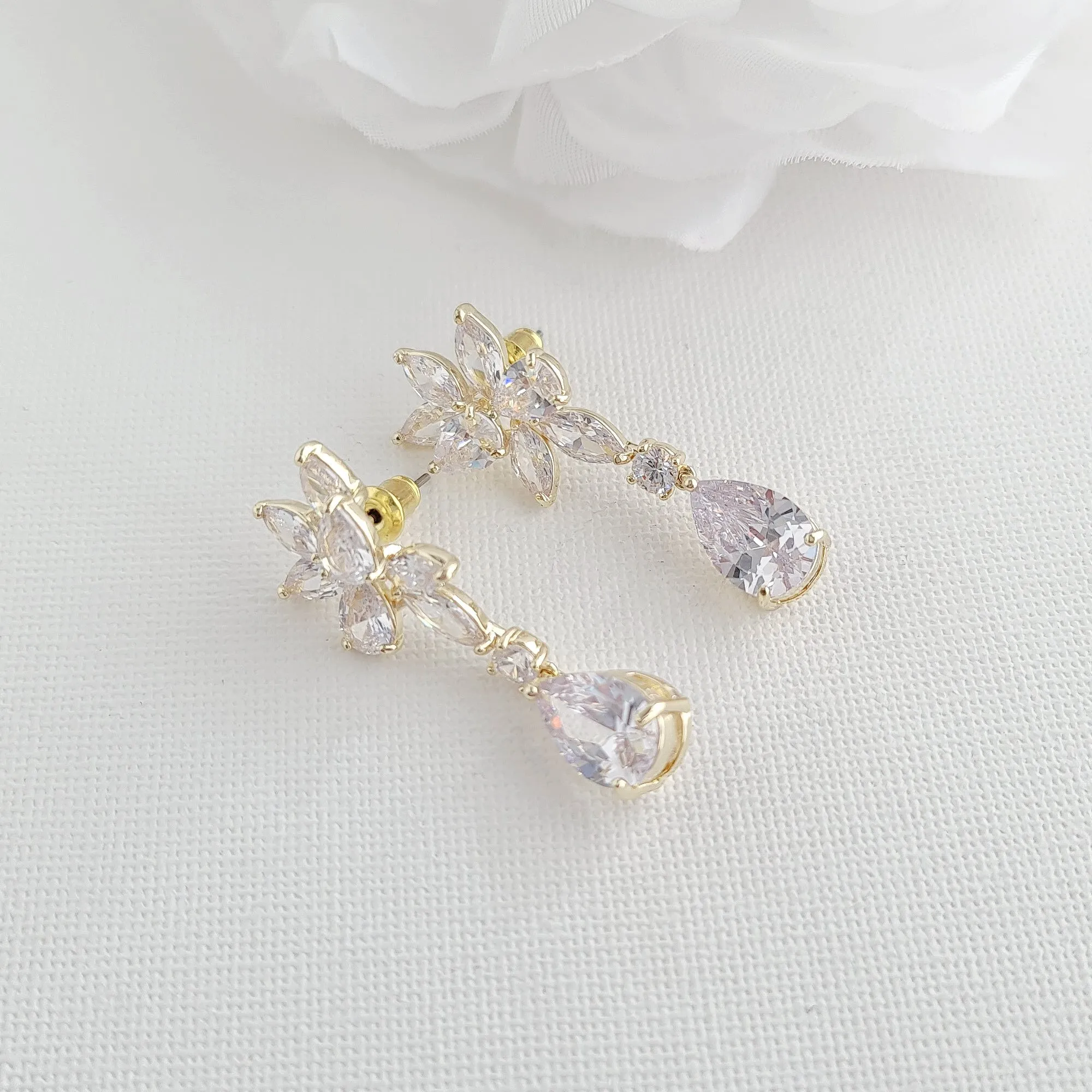 Gold Floral Bridal Earrings with Teardrops-Ivy