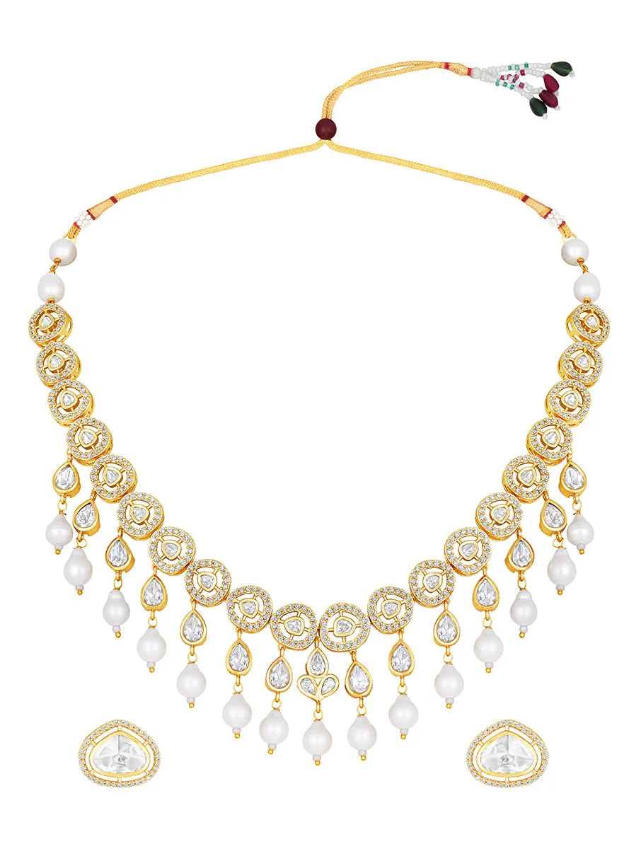 Gold Plated Kundan Necklace with Agate and Pearls