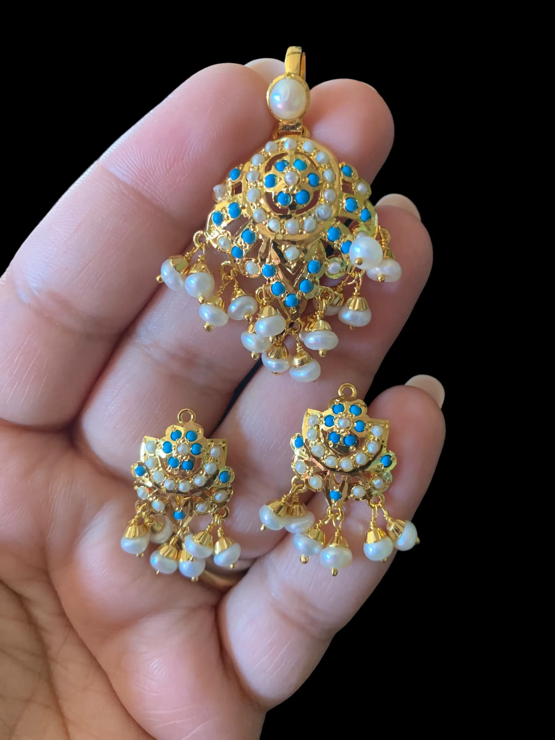 Gold plated silver pendant set in turquoise / feroza ( READY TO SHIP )