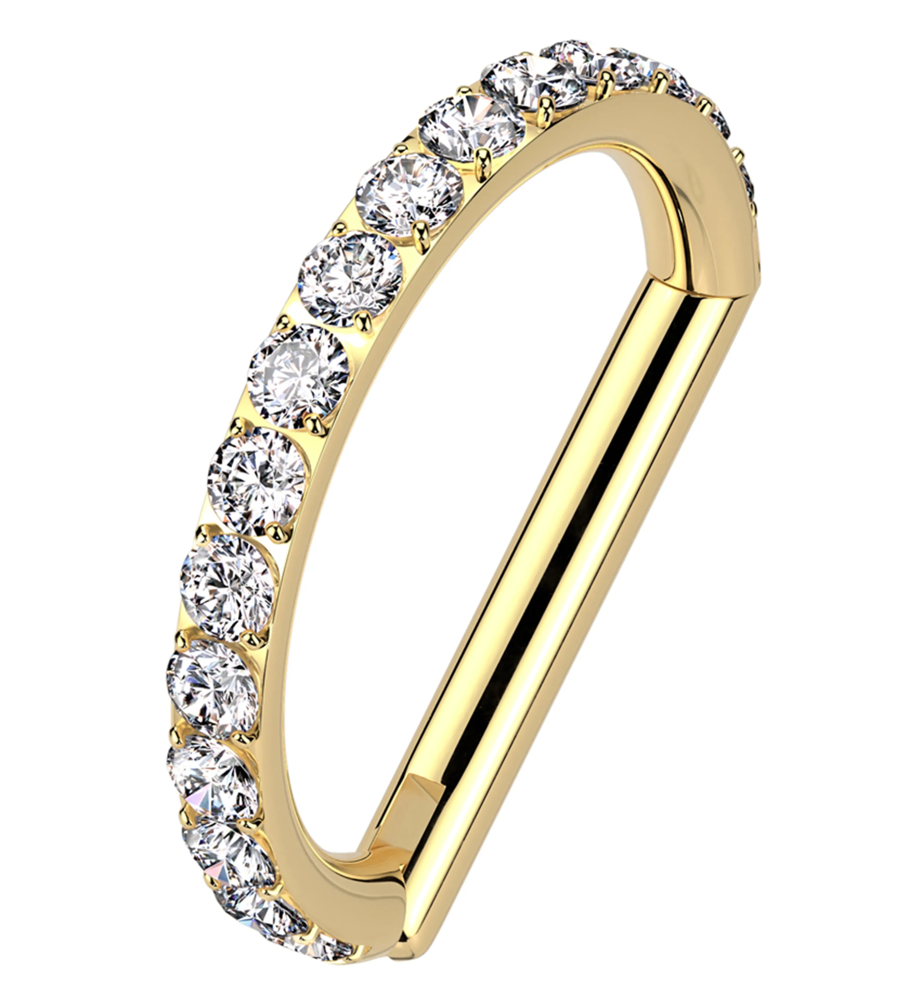 Gold PVD Outward Facing Deca Clear CZ Titanium D-Shaped Hinged Segment Ring