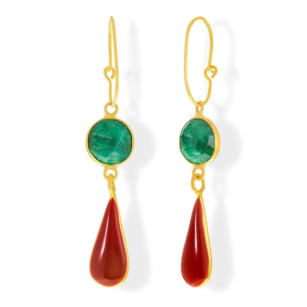 Handmade Gold Plated Silver Lacrima Earrings With Green Jade & Red Enamel