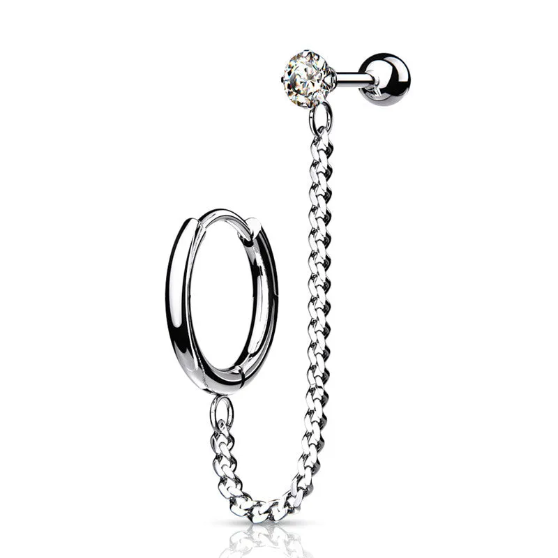 Hoop Earring and Chain Linked CZ Top Cartilage Barbell - Silver