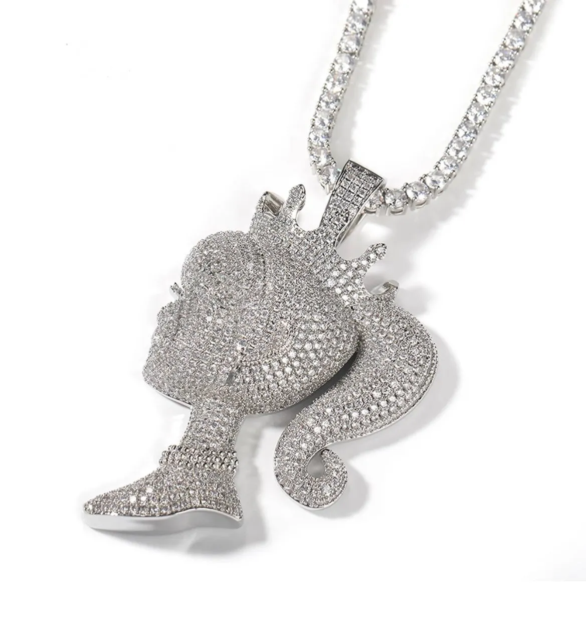 Iced Out Crowned Barbie Pendant Diamond Tennis Chain