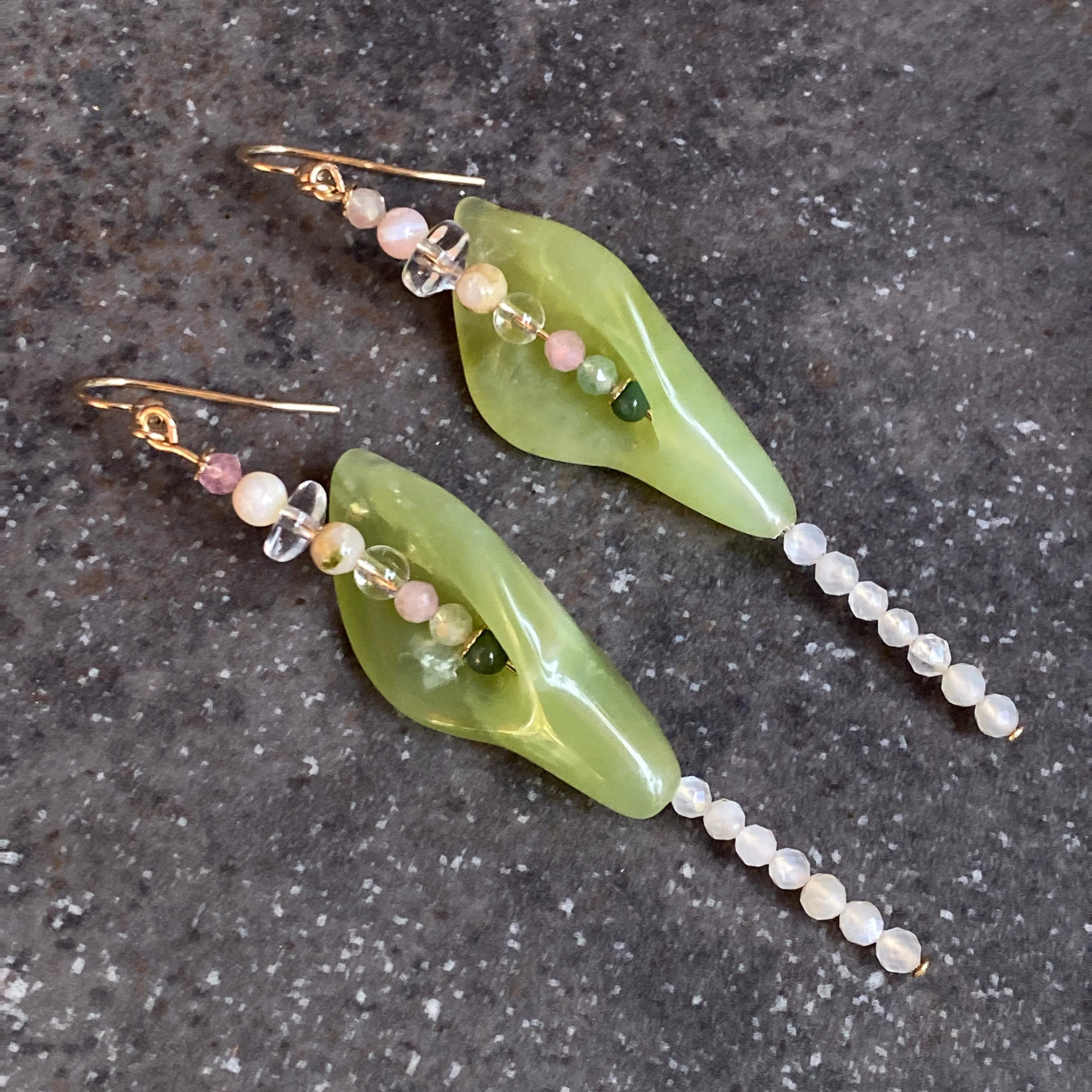 Jade Calla Lily 14 KT GF and Gemstone Drop Earrings