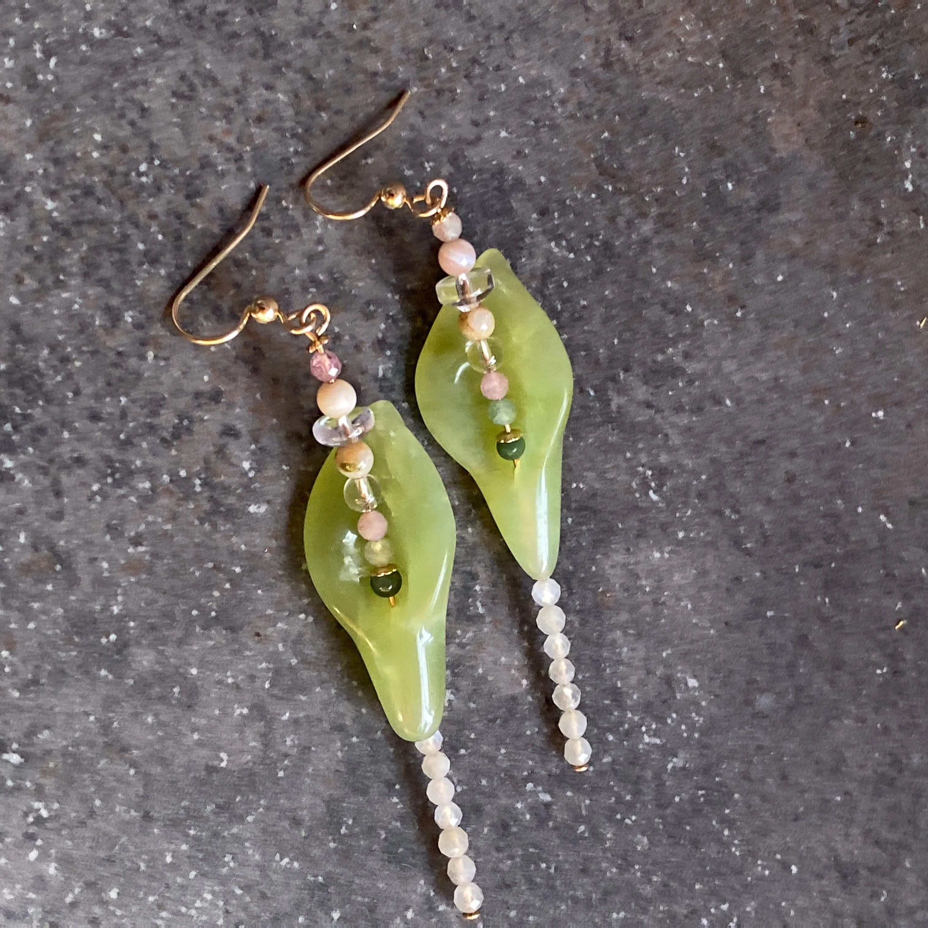 Jade Calla Lily 14 KT GF and Gemstone Drop Earrings