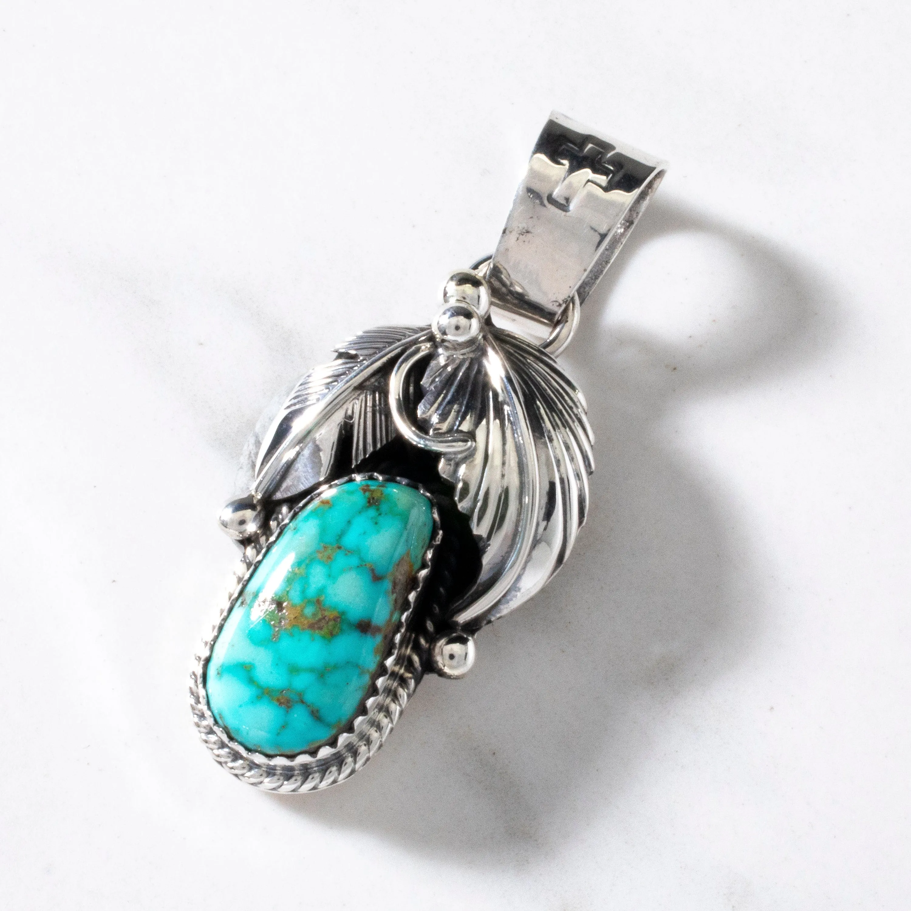 Joe Piaso Jr. Navajo King Manassa Turquoise & Feathers USA Native American Made 925 Sterling Silver Pendant