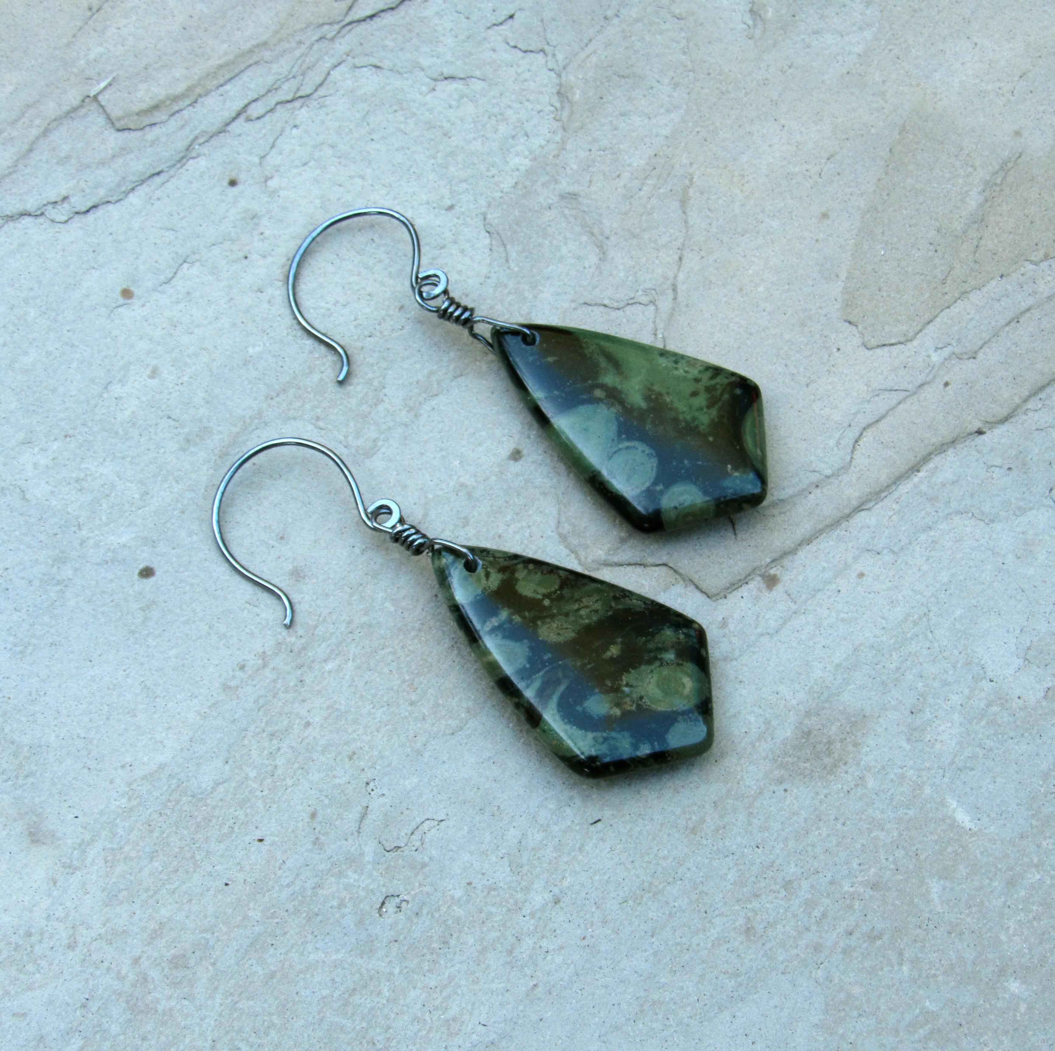 Kambaba Jasper Hand Wrapped in Sterling Silver Drop Earrings