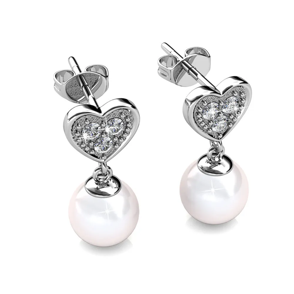 Kenley 18k White Gold Pearl Stud Earrings with Heart Shaped Swarovski Crystals