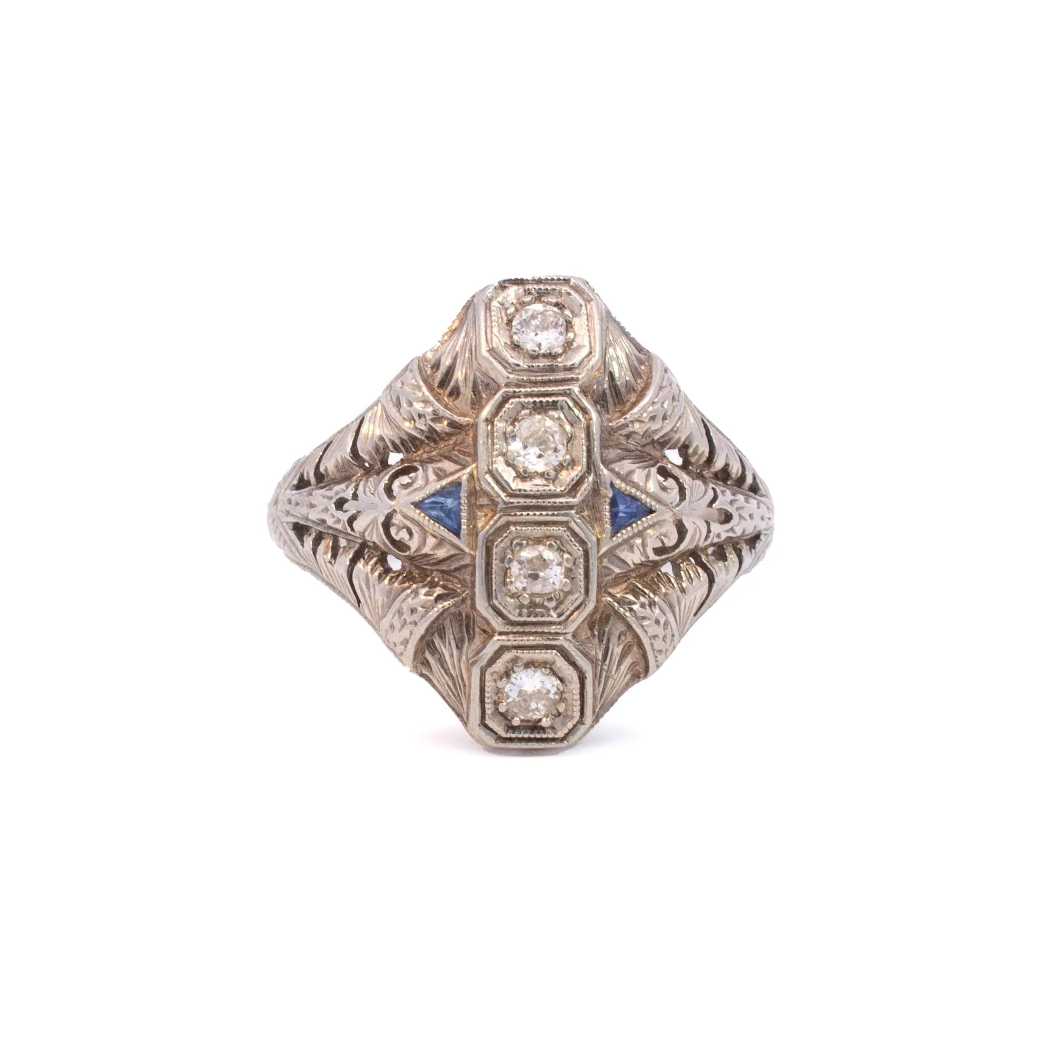 Ladies Antique Art Deco 18K White Gold Sapphires Diamond Ring