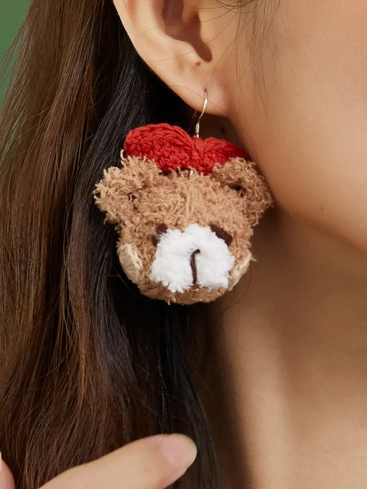 Hand Crocheted Teddy Bear Earrings with Bow - Adorable Bear Ear Clips