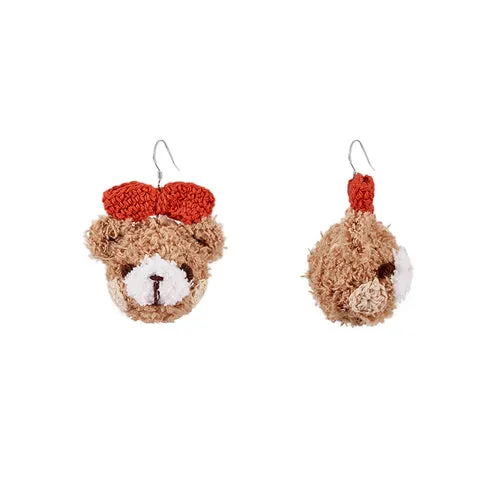 Hand Crocheted Teddy Bear Earrings with Bow - Adorable Bear Ear Clips