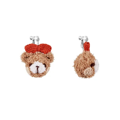 Hand Crocheted Teddy Bear Earrings with Bow - Adorable Bear Ear Clips