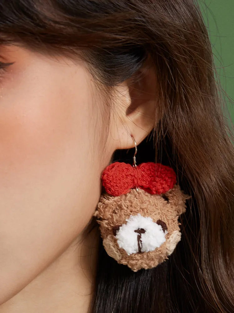 Hand Crocheted Teddy Bear Earrings with Bow - Adorable Bear Ear Clips